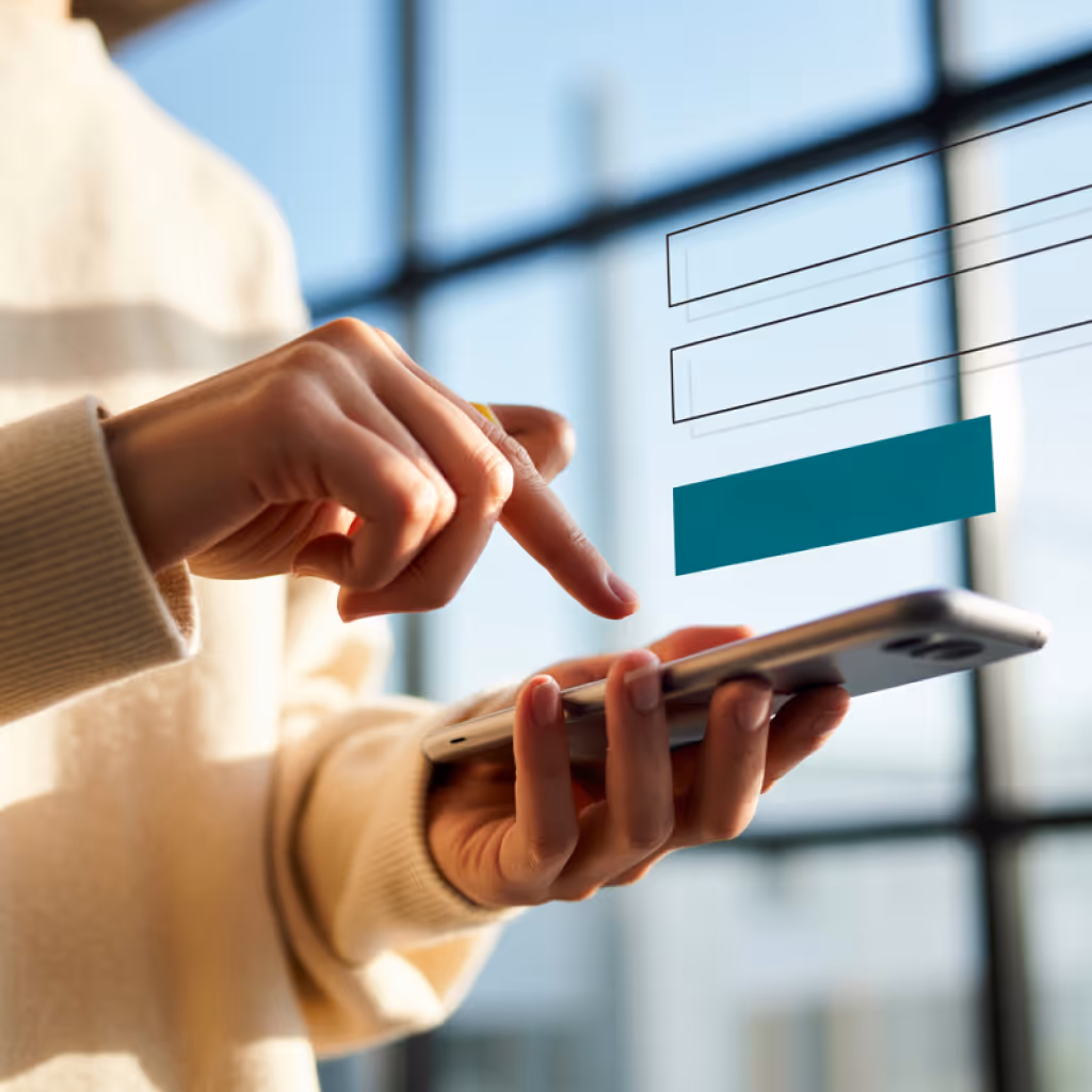 Person using a smartphone with digital options or input fields floating above the screen against a window background.