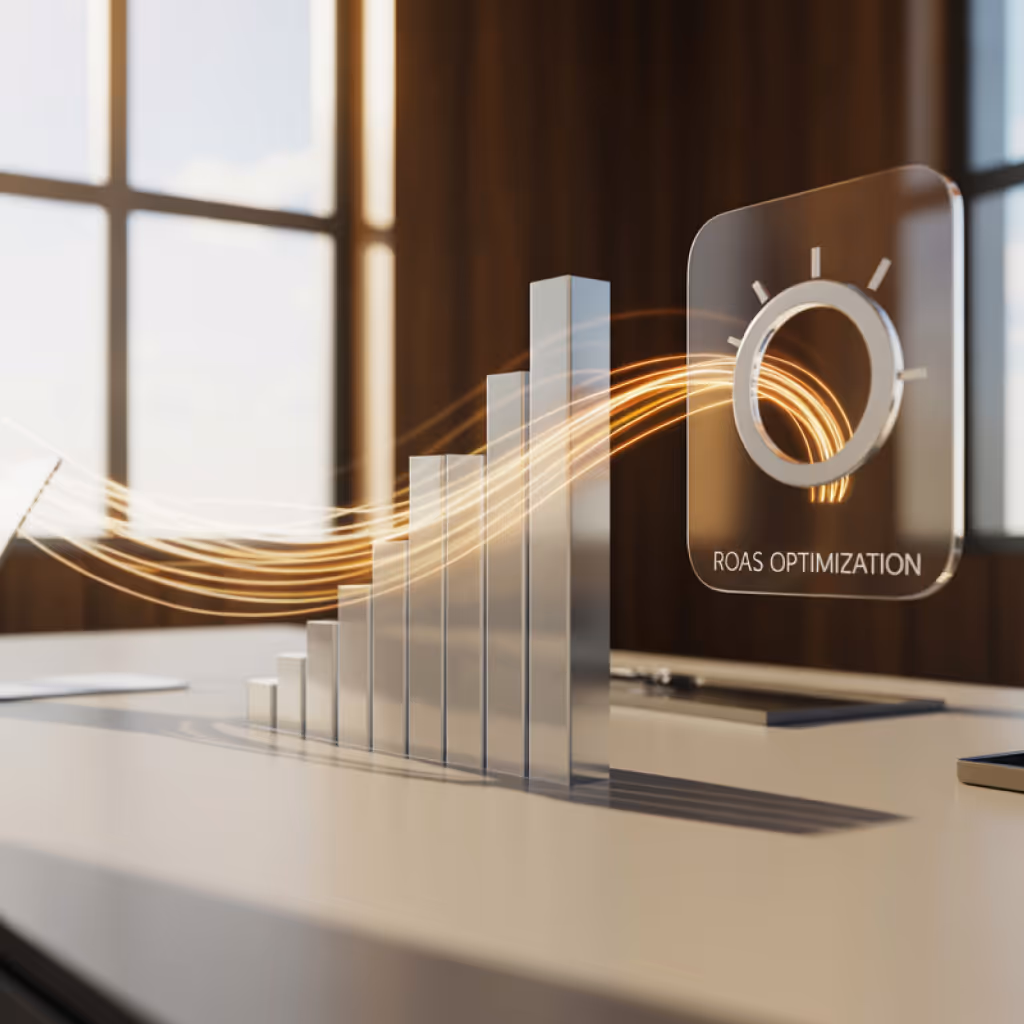 3D bar graph showing increasing growth with glowing lines connecting to a ROAS optimization icon in an office setting.