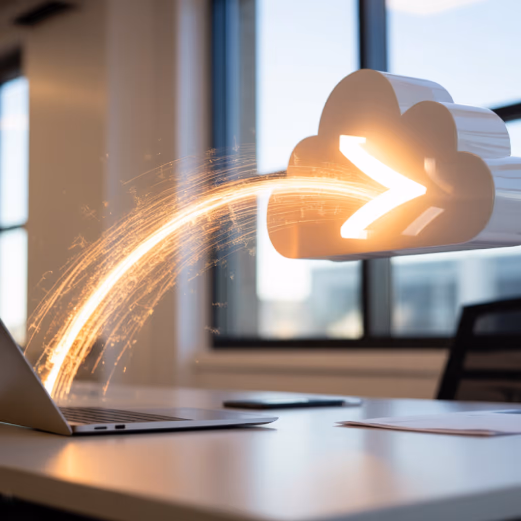 Laptop on desk with glowing arrow streaming into a cloud-shaped icon, symbolizing cloud data transfer.