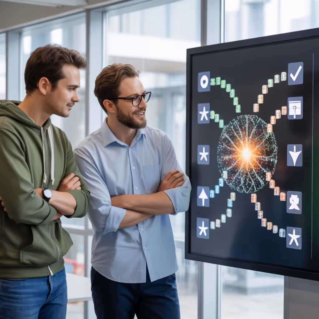 Two men with crossed arms looking at a large screen displaying a glowing network diagram with icons and connected nodes.