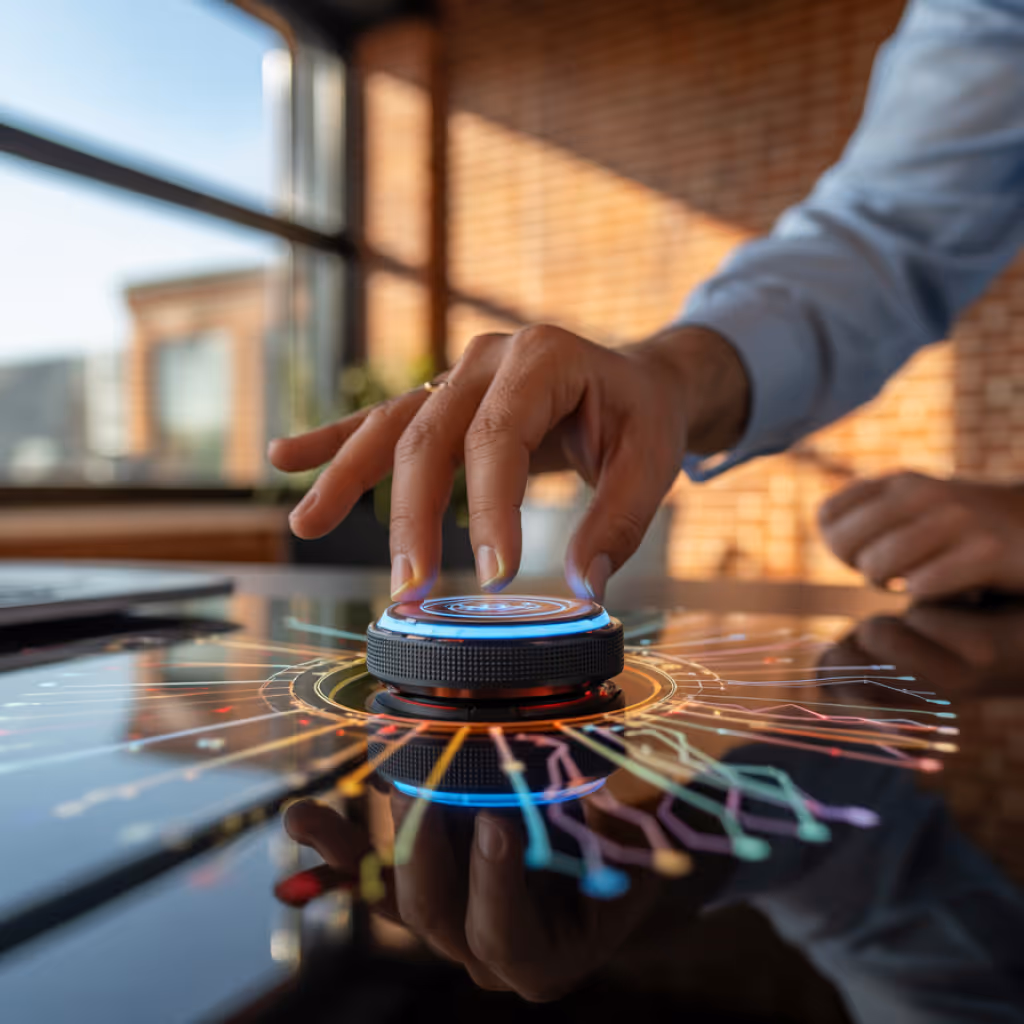 Person adjusting a futuristic control knob with colorful circuit-like digital interface on a reflective surface.