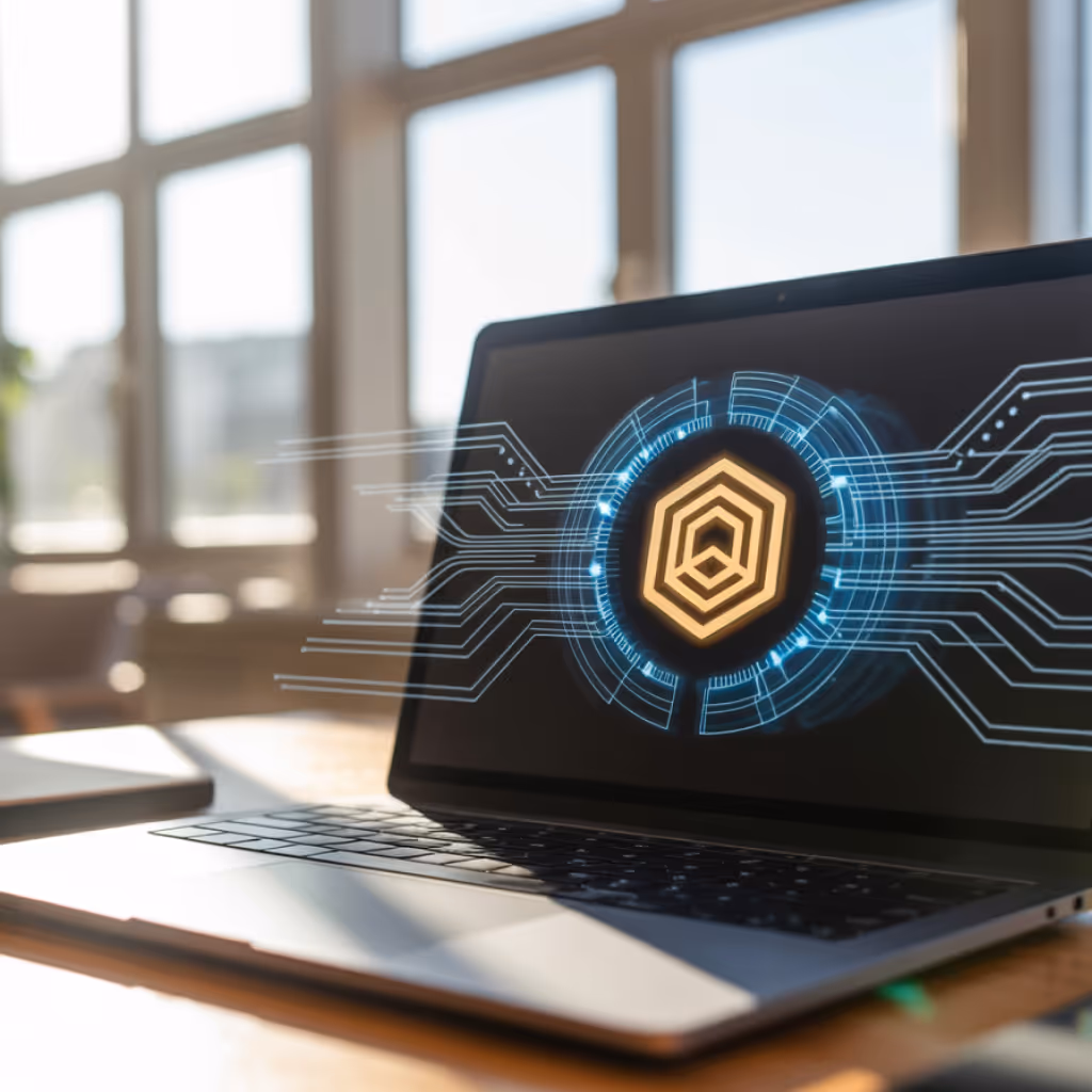 Laptop on a wooden desk displaying a digital hexagonal shield with circuit lines extending outward.