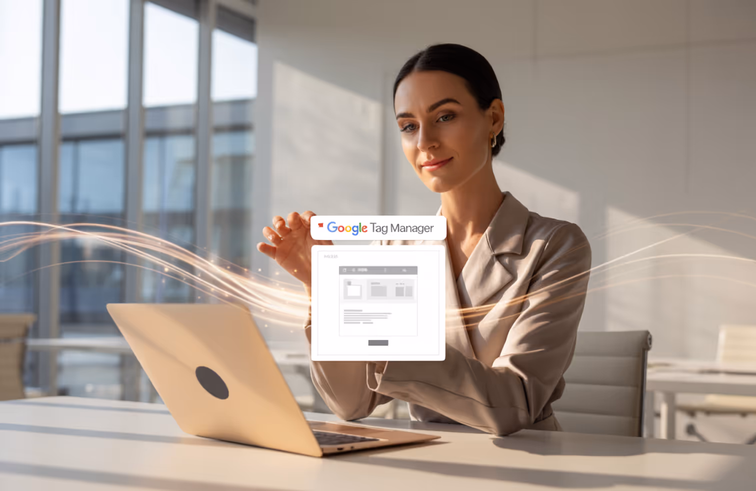 Woman sitting at a desk with a laptop, interacting with a floating Google Tag Manager interface in a modern office.