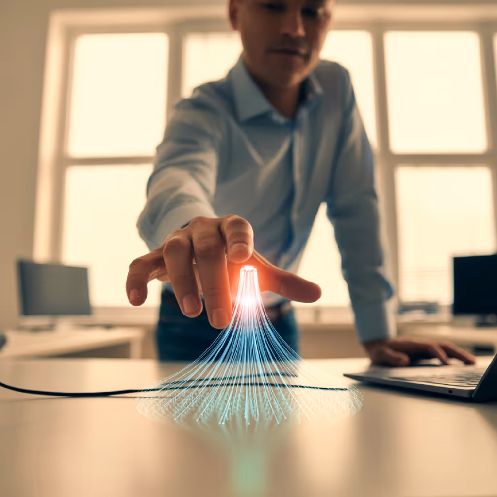 Person in a blue shirt pointing at a glowing digital fiber optic cable on a desk.