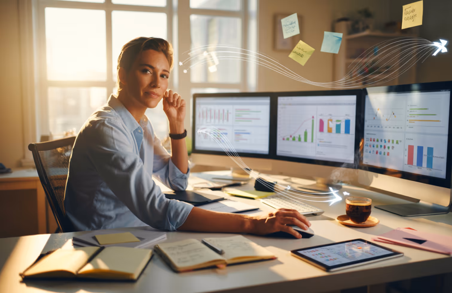 Man with glasses intently working on a computer with multiple data charts on screens in a bright office.