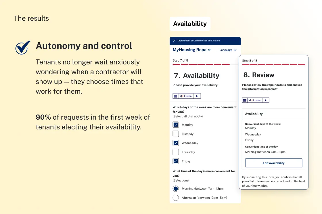 Slide showing the autonomy benefits of tenants choosing their repair appointment availability, with screenshots of the availability and review screens.