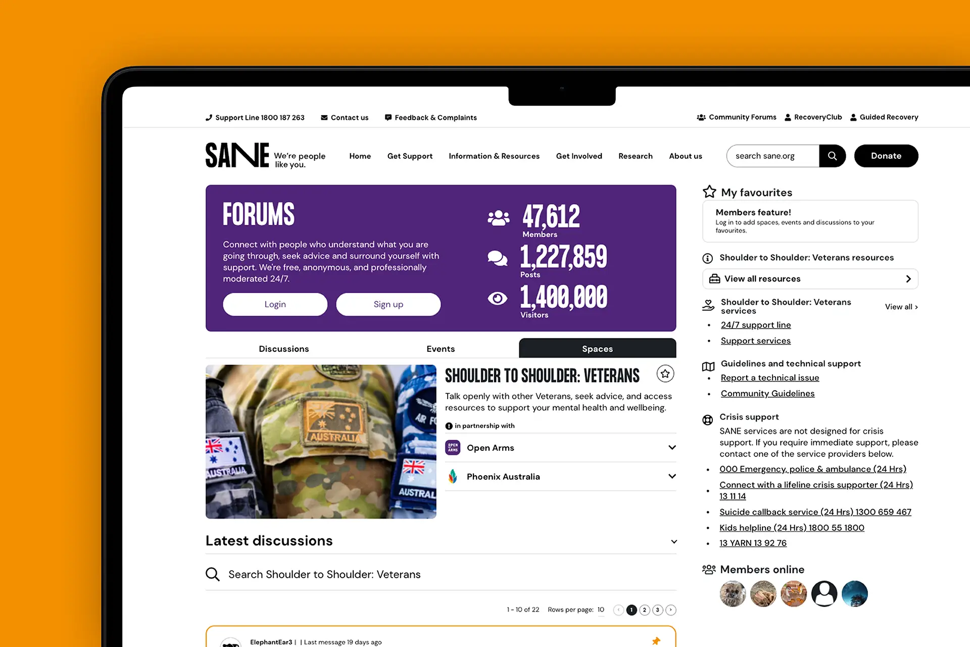 Screenshot of the SANE Forums homepage showing forum statistics, veteran resources, and recent discussions.