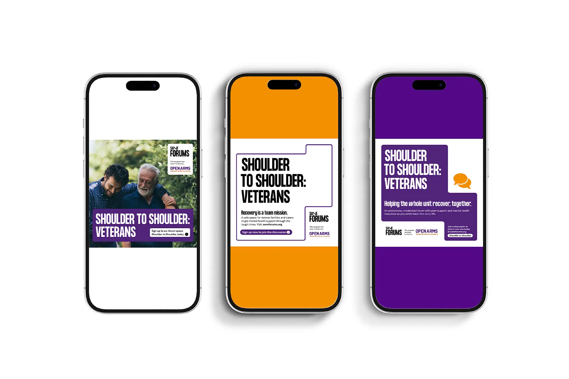 Three mobile screen designs promoting the Shoulder to Shoulder: Veterans program.