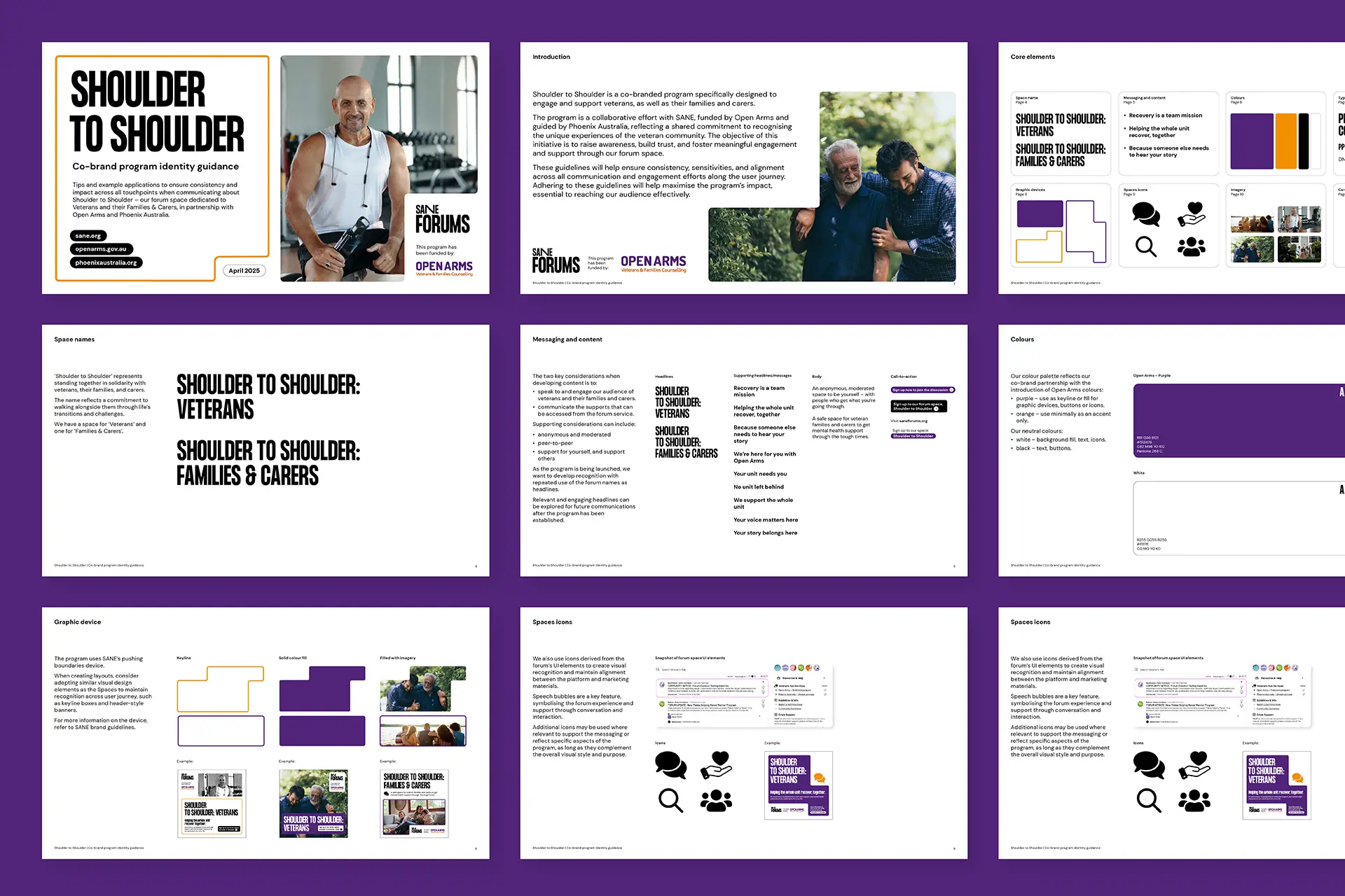 A multi-page overview of the Shoulder to Shoulder brand guidelines, including messaging, imagery, icons, and colour palette.