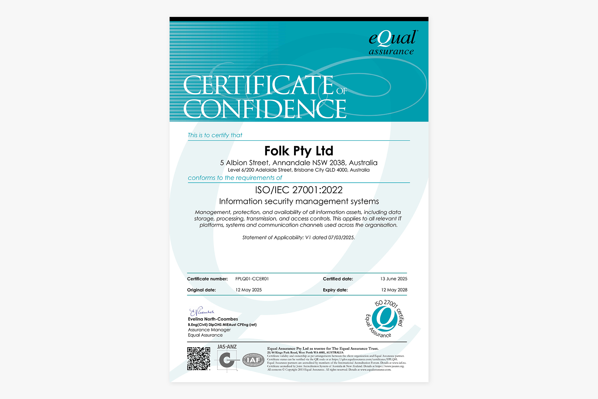 Certificate showing that Folk Pty Ltd is certified to ISO/IEC 27001:2022 for information security management systems.