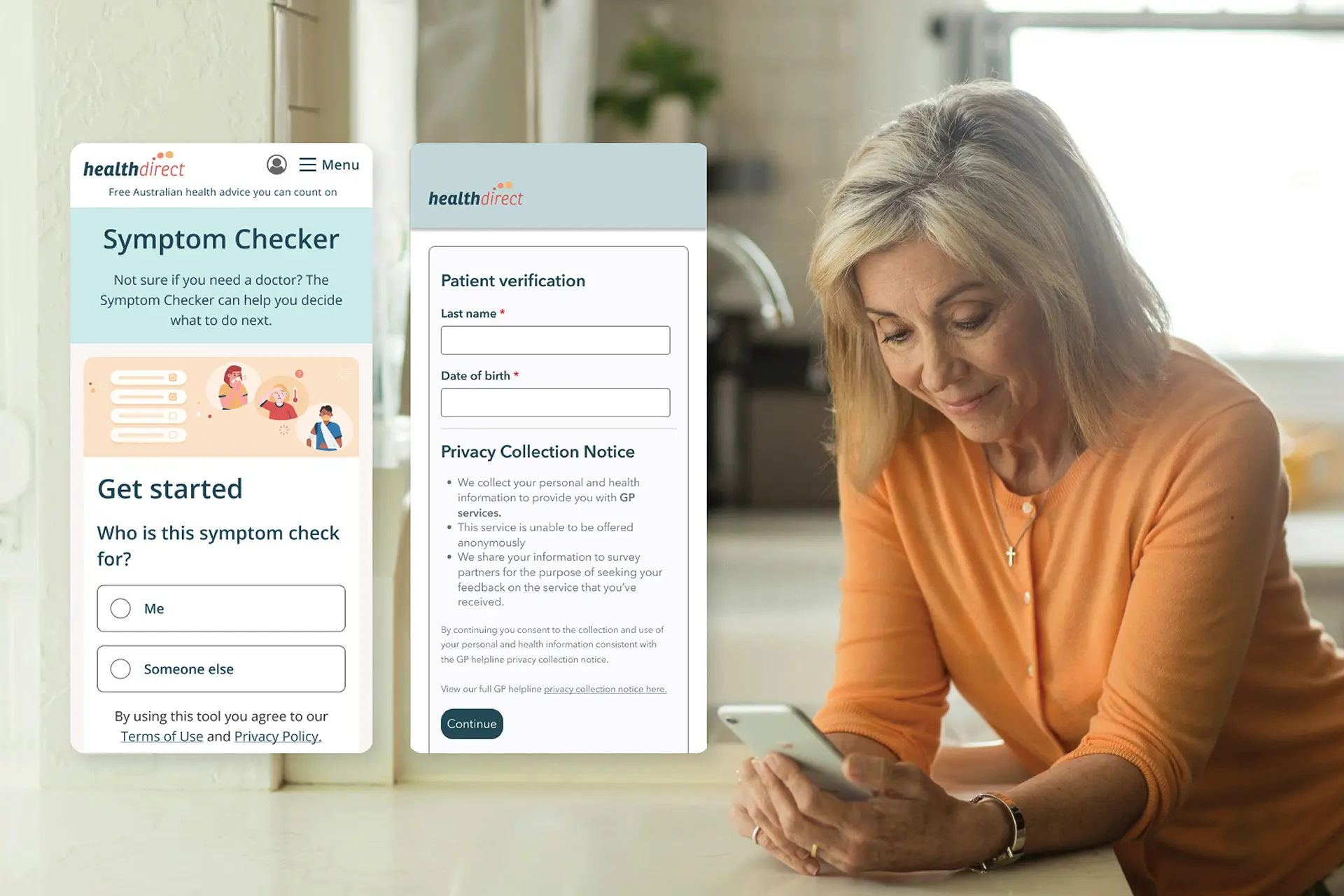 Woman reviewing an urgent care digital form on her phone, shown alongside screenshots of the form interface.