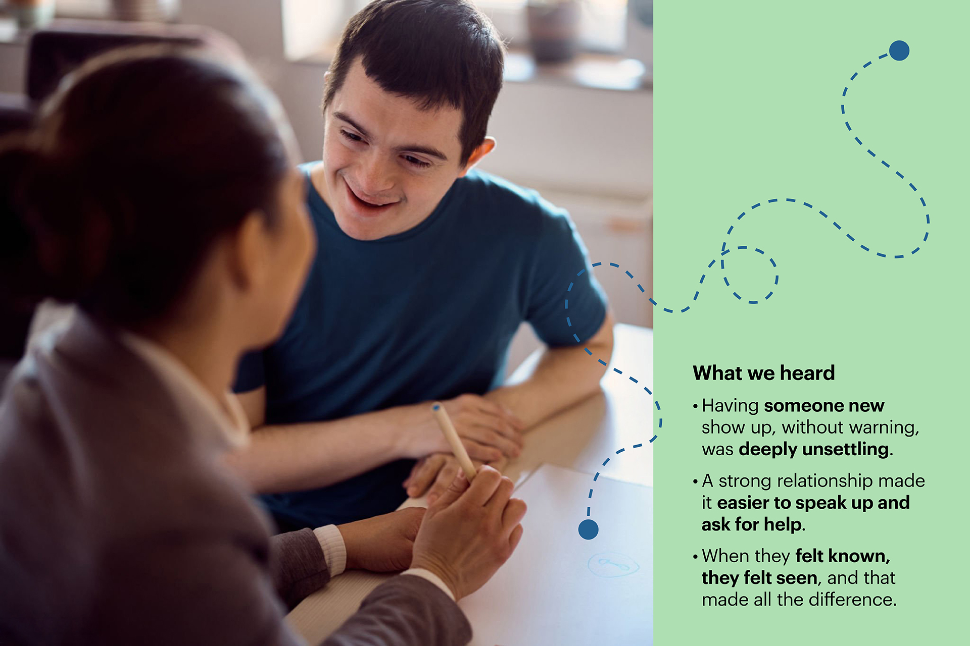 Young person speaking with a support worker, shown beside a summary of insights about the importance of relationships and feeling known in support services.