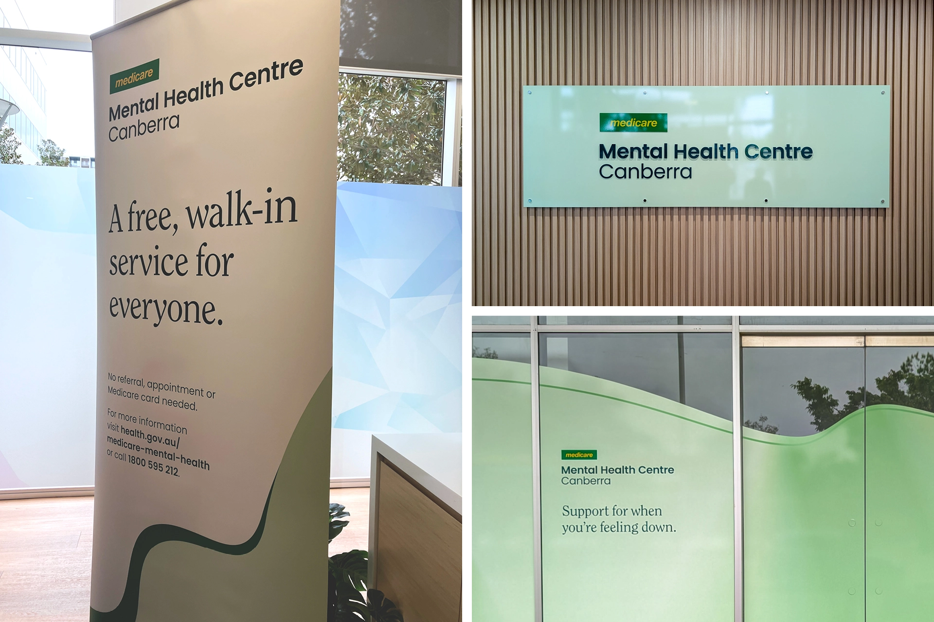 Exterior signage and branded panels for the new Medicare Mental Health Centre in Logan.