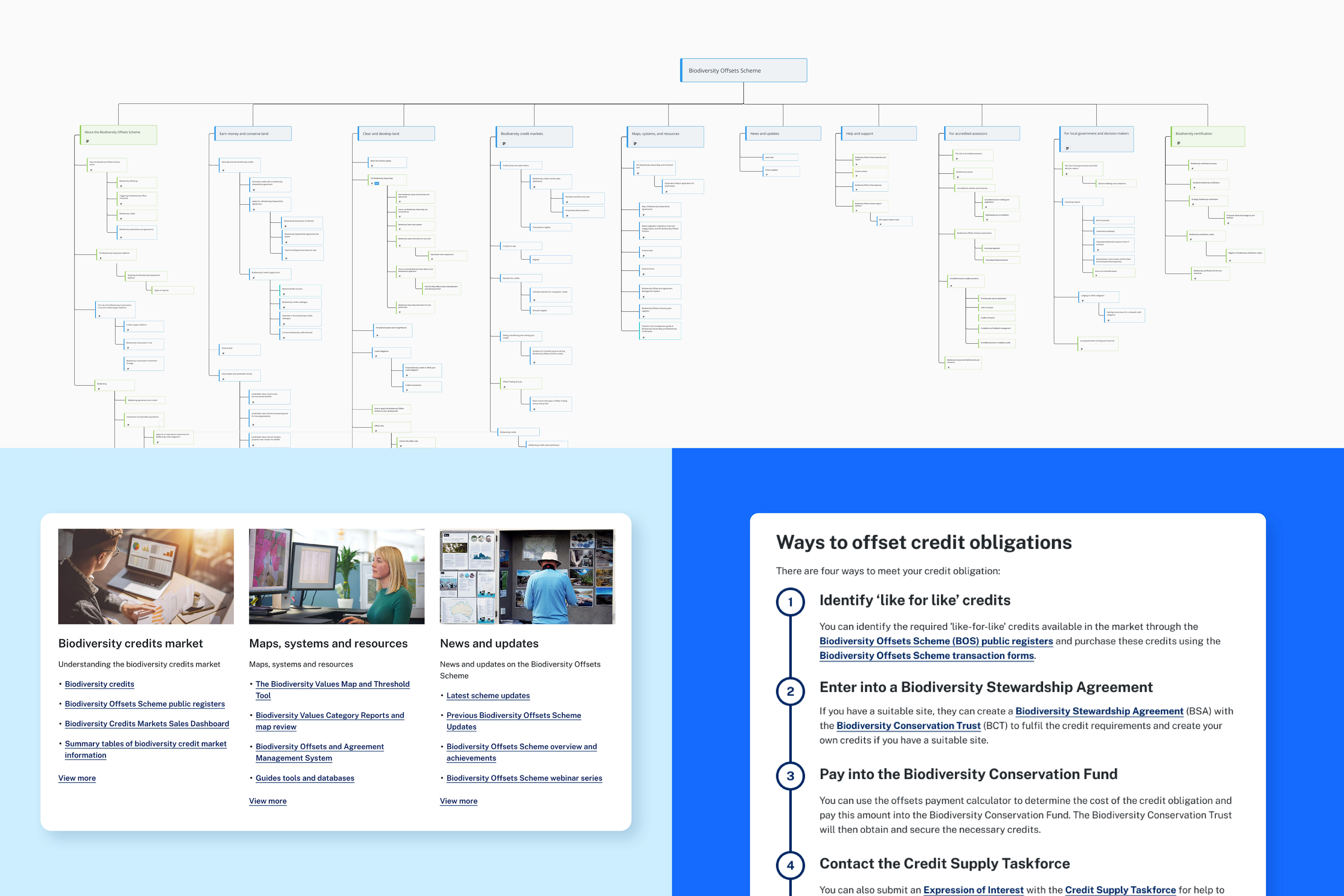 Revised information architecture and navigation: sitemap diagram with grouped pathways and example content panels for credits, maps, and updates.