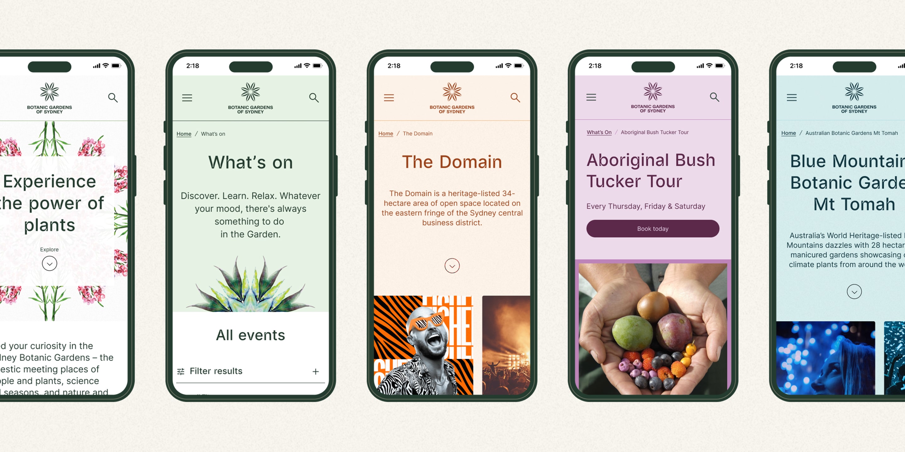 Botanic Gardens of Sydney identity elements including colours, type, photography and mobile app screens.