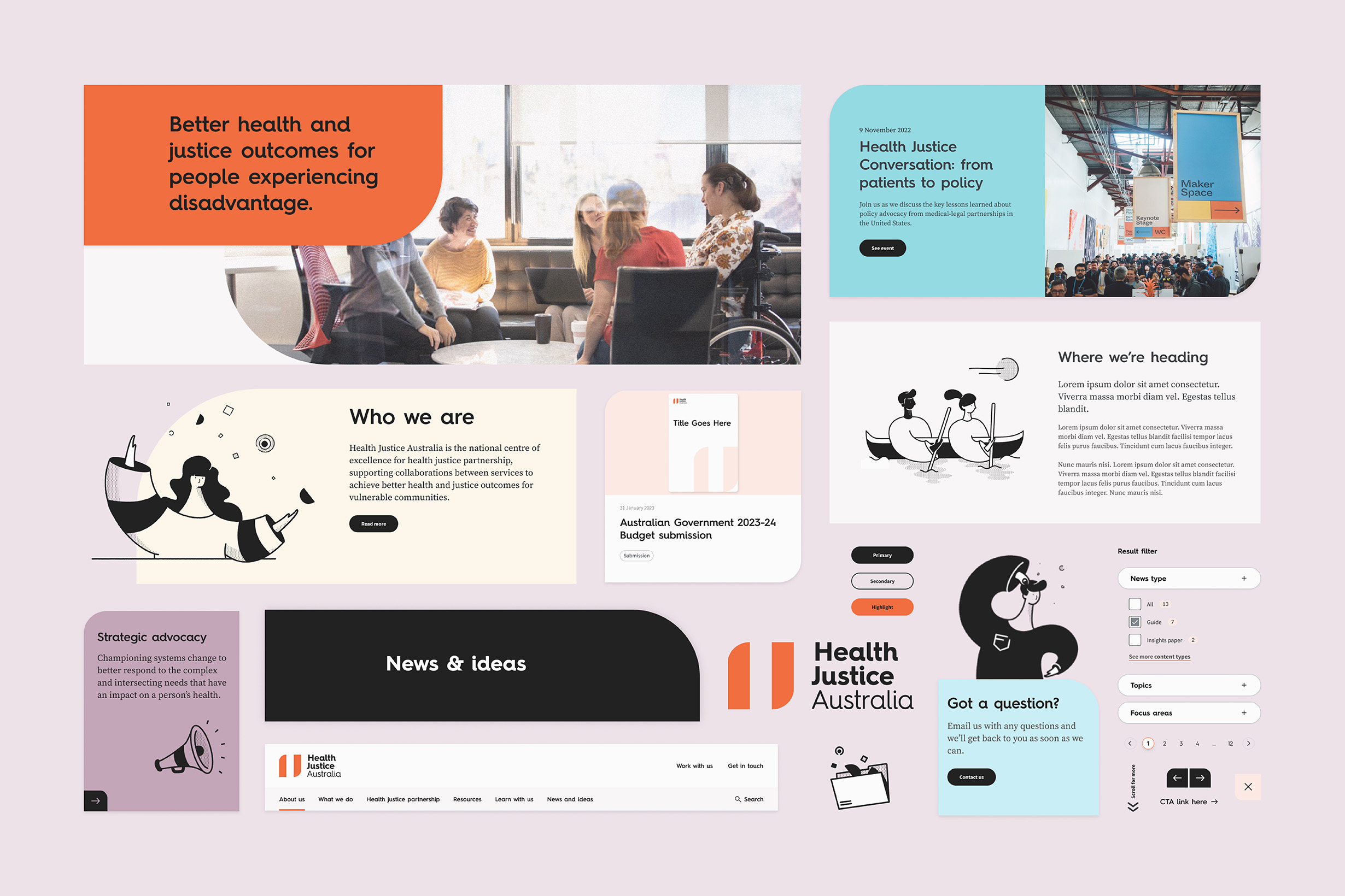 Interface screens showing how the new HJA website applies the brand, content structure, and improved navigation.