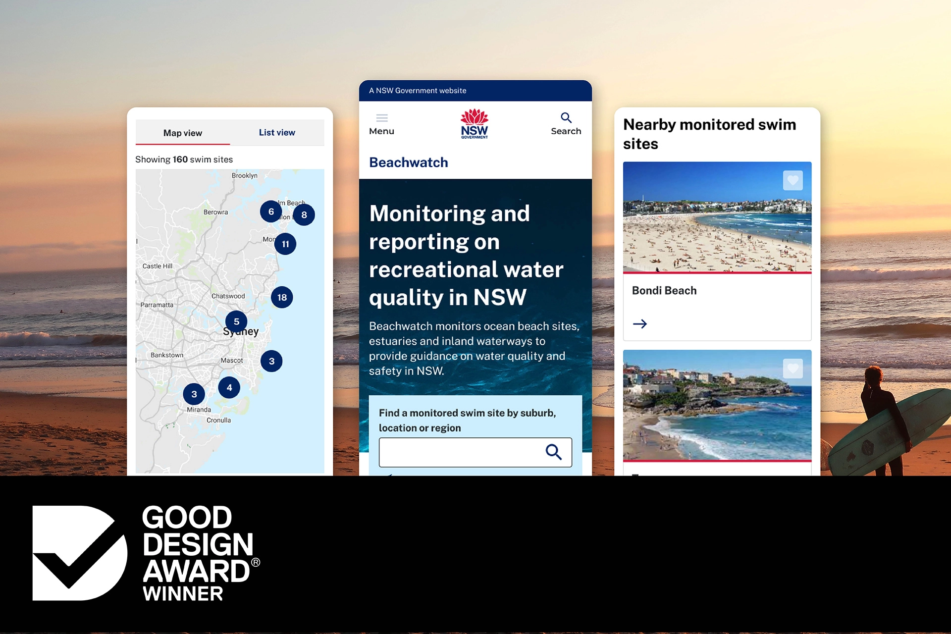 Redesigned Beachwatch interface shown on three mobile screens with a Good Design award badge.