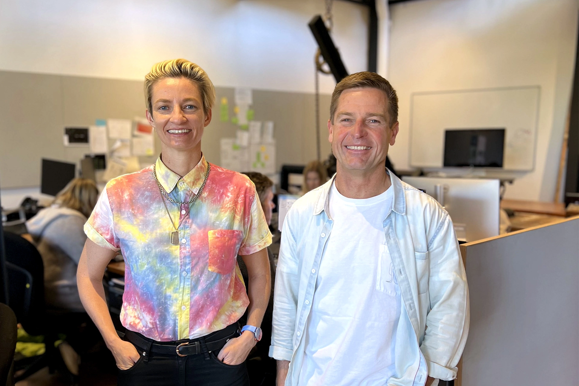 Louise Helliwell and Michael Broadhead standing together in the Folk studio to mark Louise joining as Partner and co-owner.