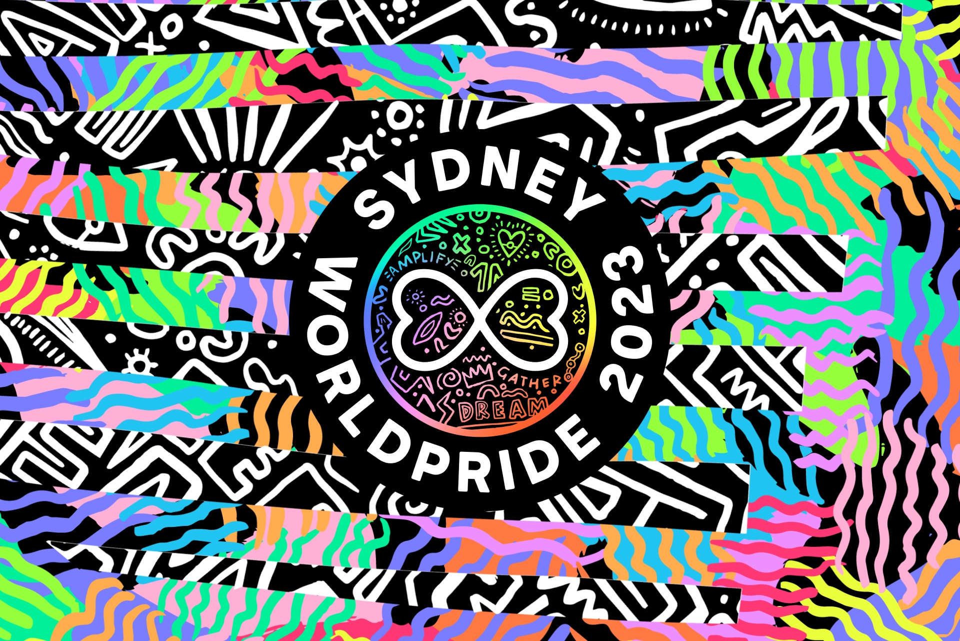 Sydney WorldPride 2023 artwork featuring bold colours, First Nations motifs and LGBTQ+ pride elements.