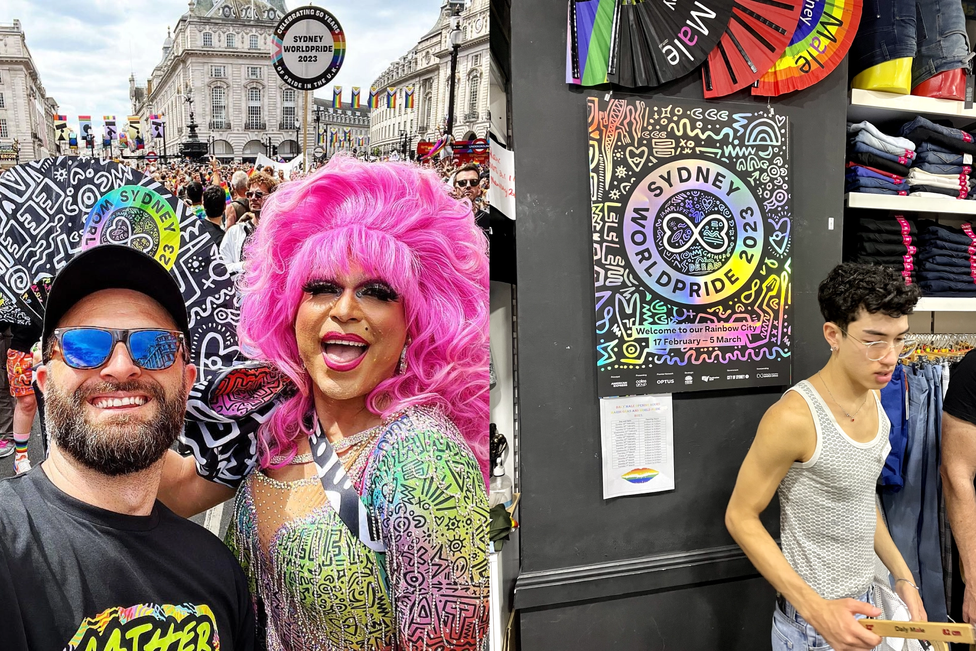 People dressed in bright Pride outfits posing for a selfie during Sydney WorldPride festivities.