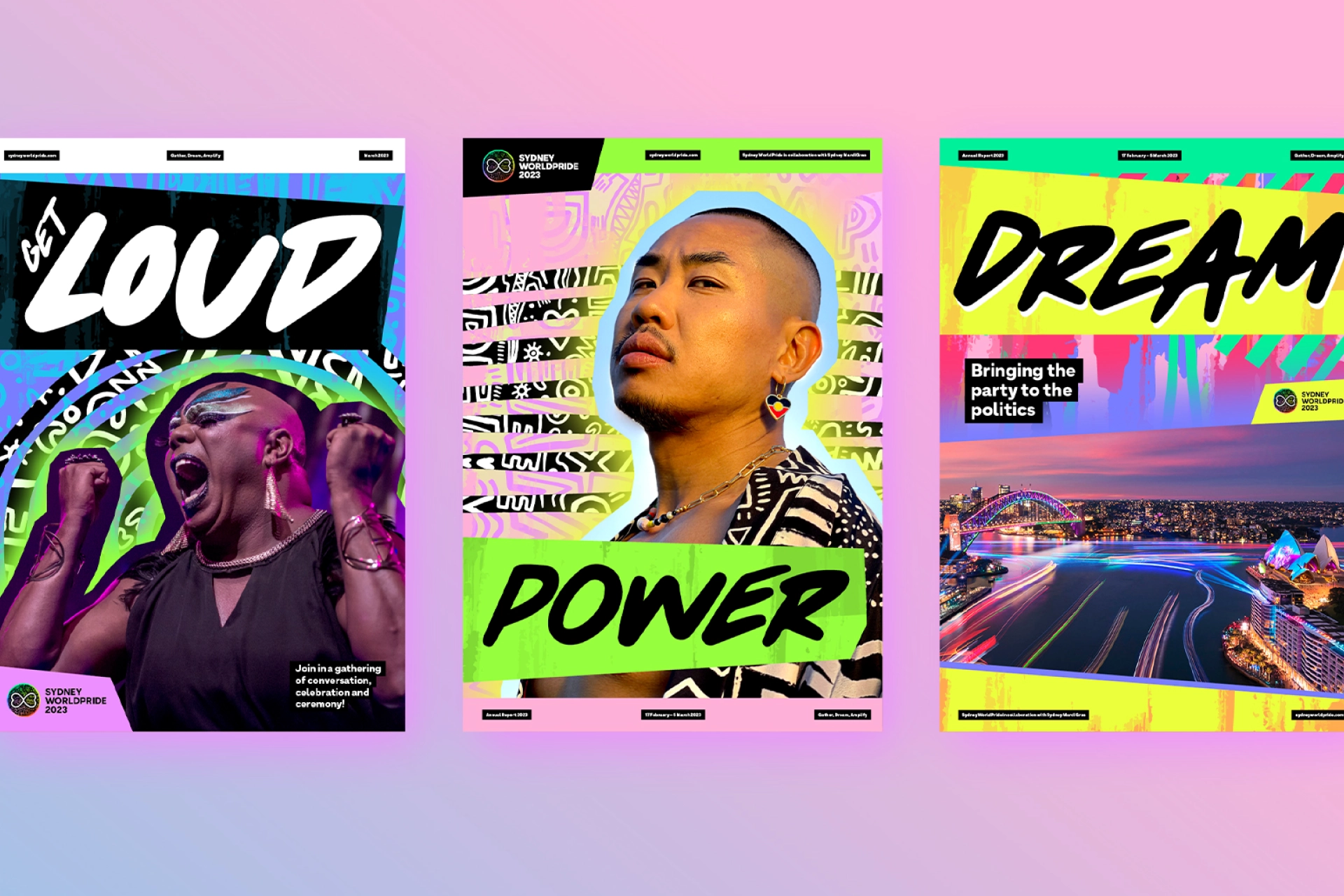 WorldPride campaign posters featuring portraits, slogans and vibrant colours celebrating LGBTQ+ communities.