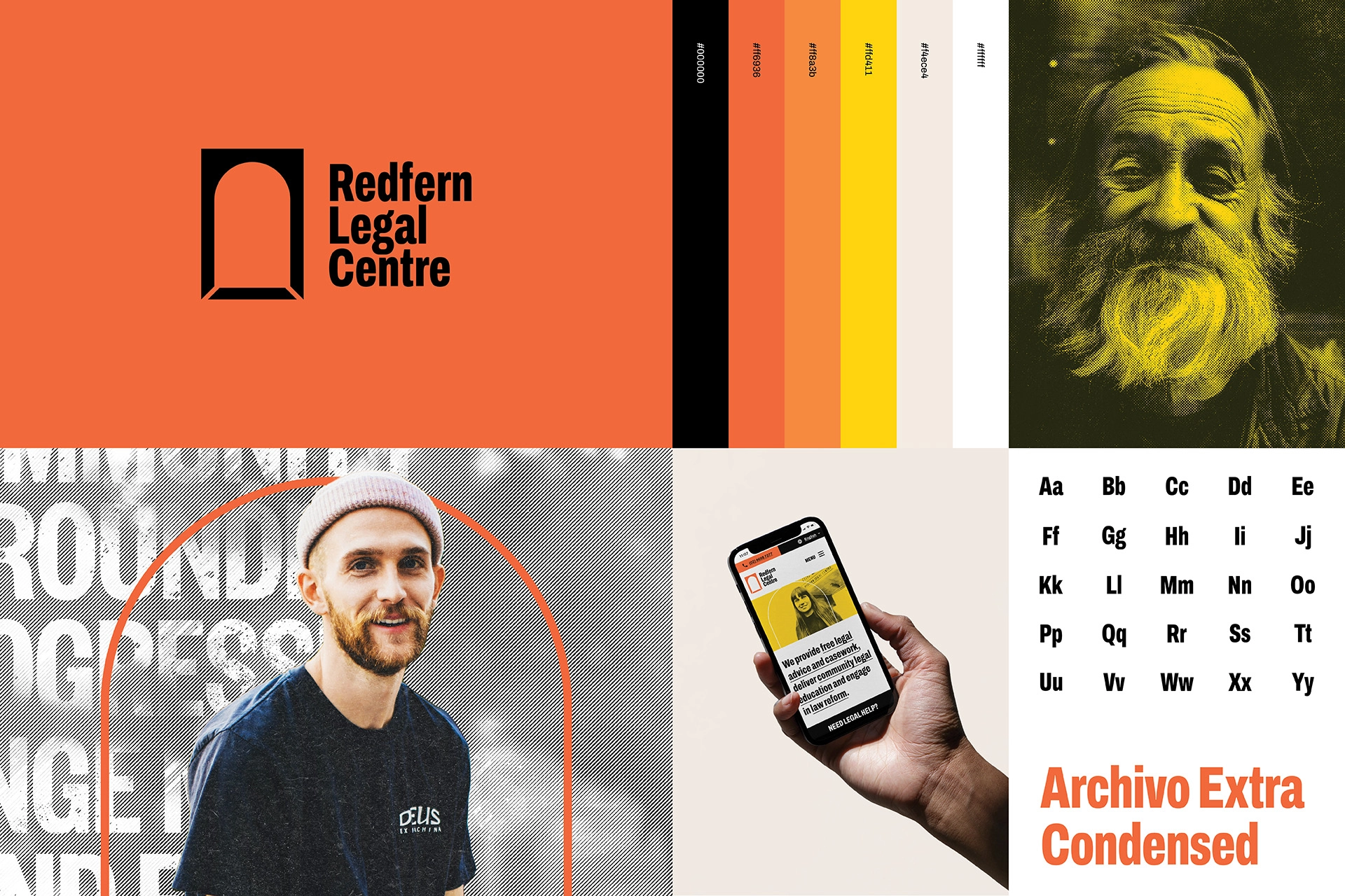 Overview of Redfern Legal Centre’s refreshed brand identity, including logo, colour palette, typography, imagery and mobile website layout.