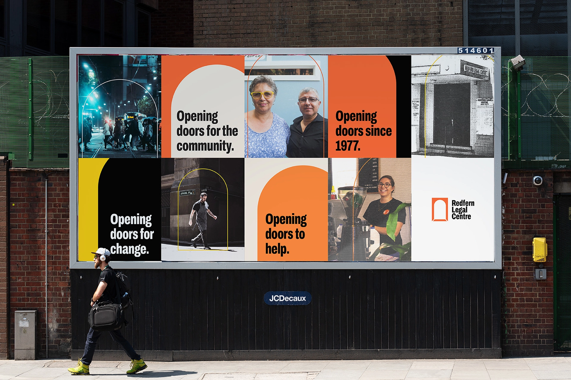 Outdoor billboard displaying Redfern Legal Centre’s ‘Opening doors’ campaign with community photography and bold arch-shaped graphic elements.