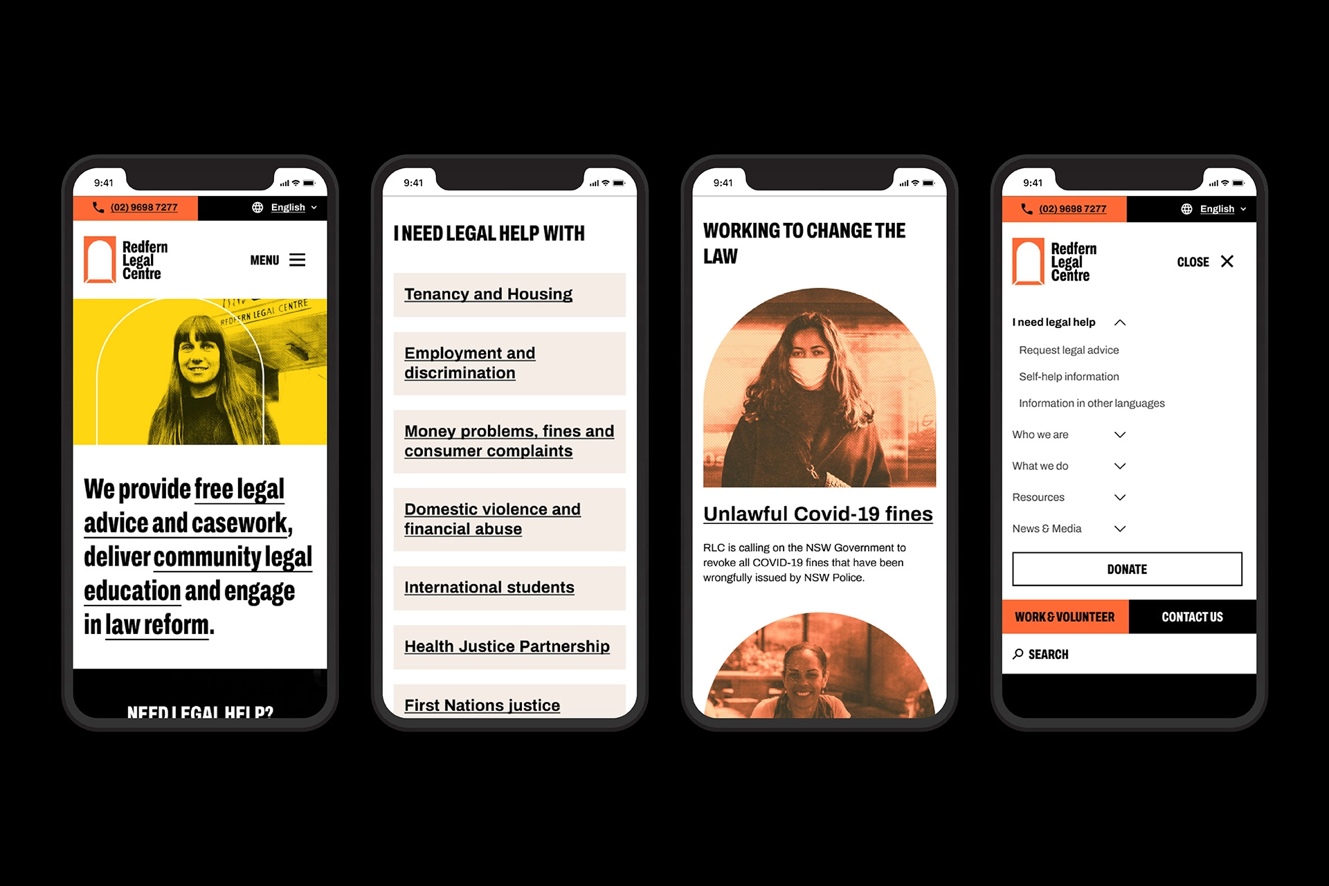 Mobile UI screens showing how users can access free legal help, browse legal topics, view casework updates and navigate the Redfern Legal Centre site.