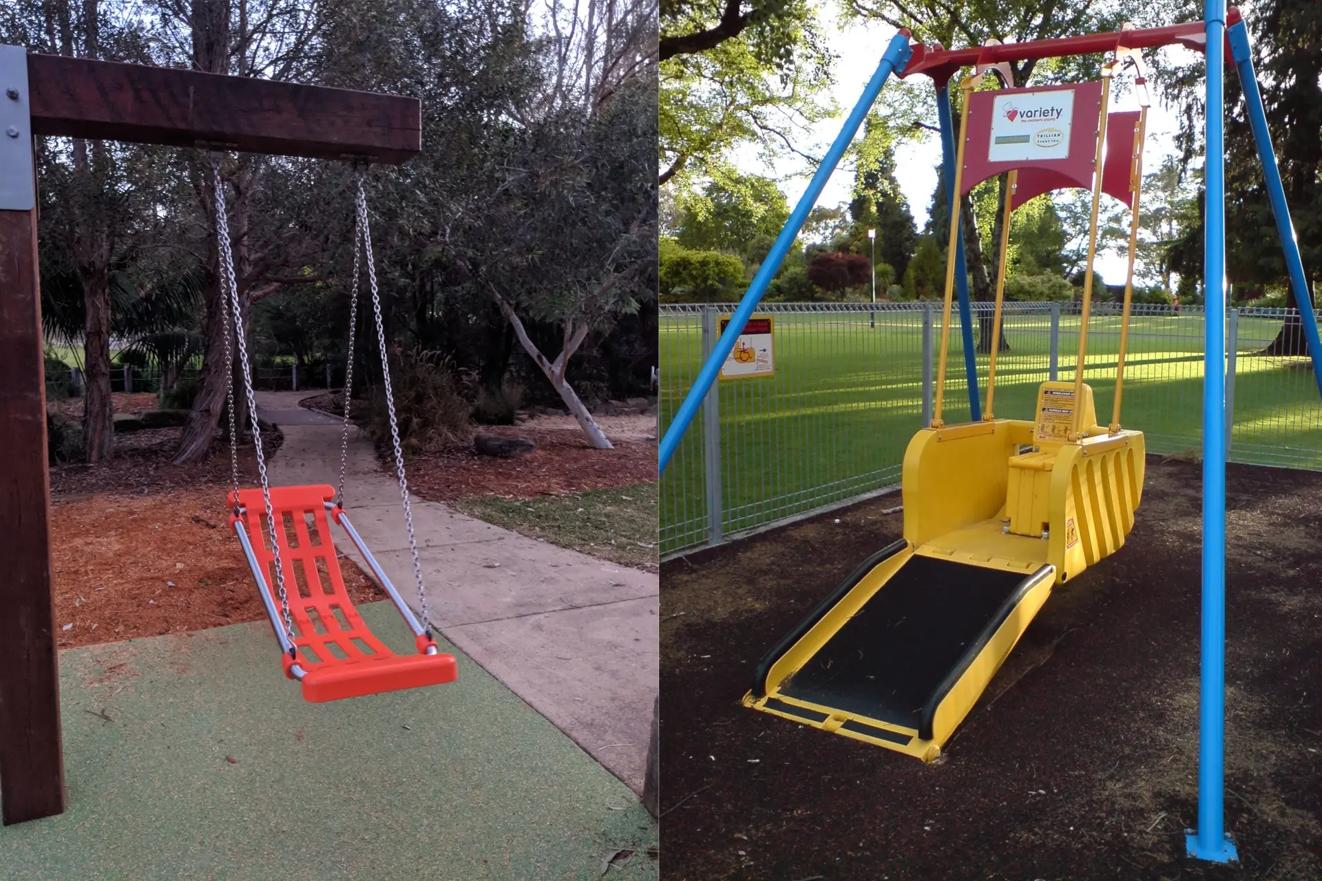 Playground swings including a standard seat and a bright yellow wheelchair-accessible swing, illustrating inclusive design for extreme users.