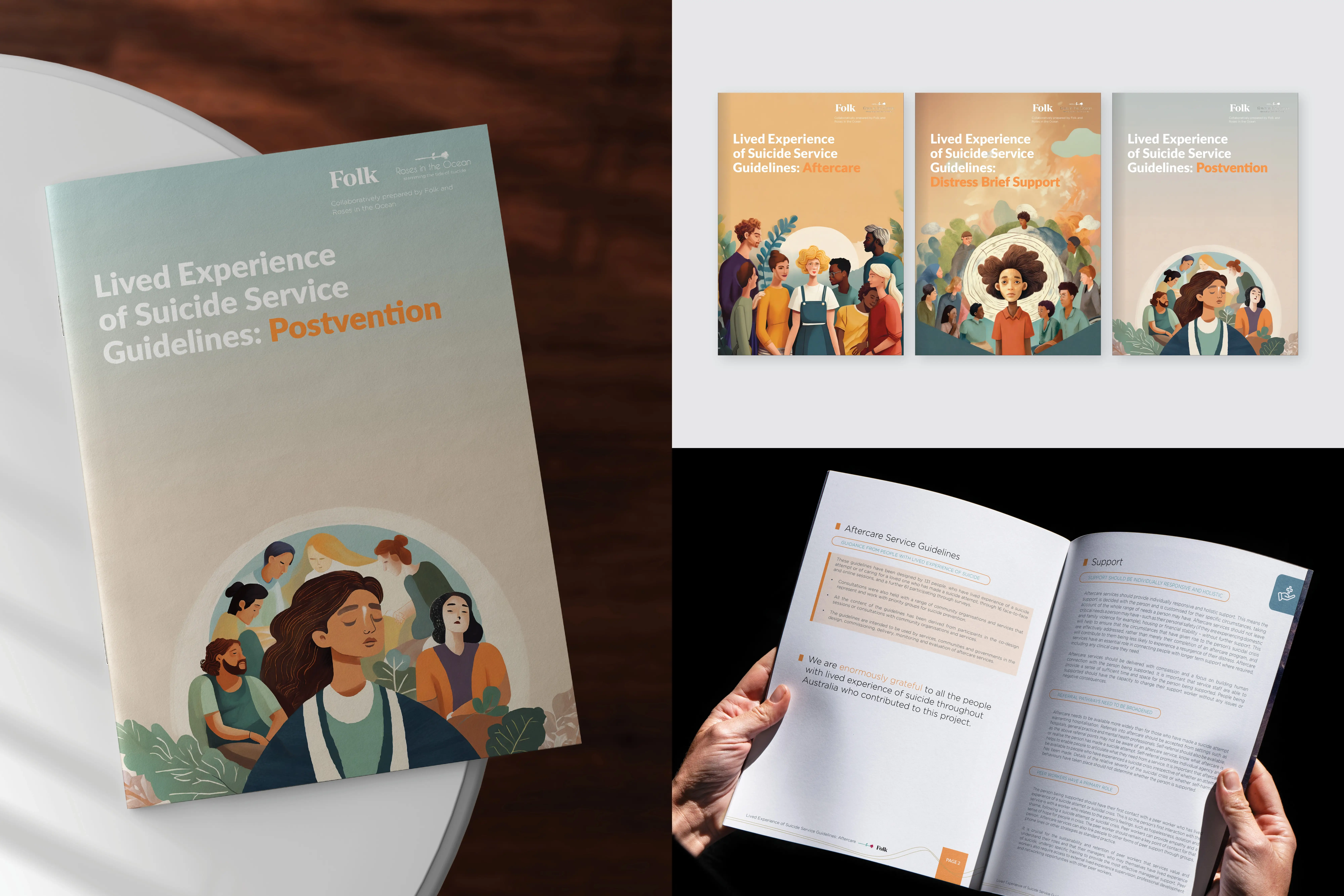 Printed Suicide Service Guidelines showing co-designed layouts and illustrations created with people who have lived experience.