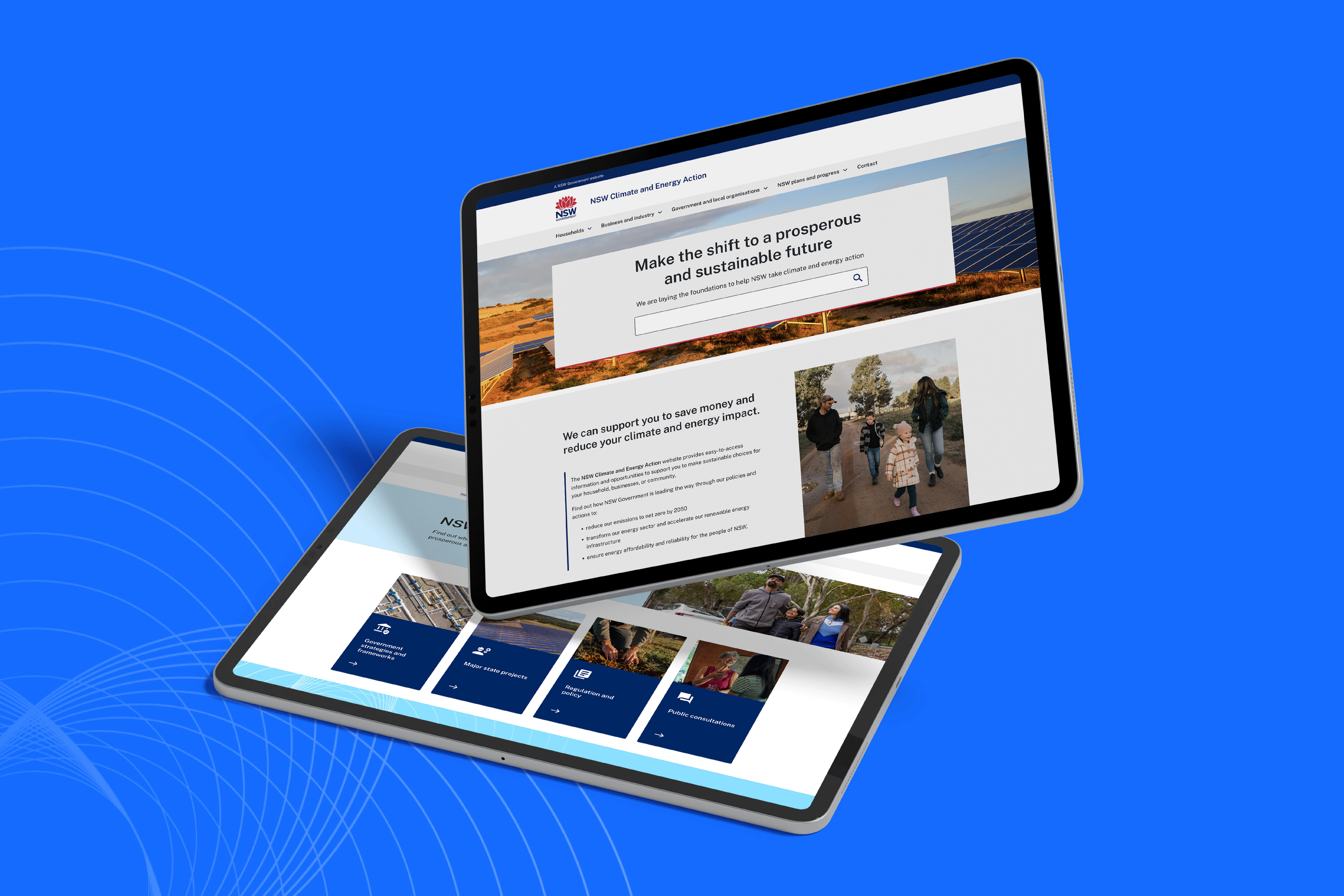 Two tablets displaying the redesigned NSW Climate and Energy Action website, showing clearer pathways for households and businesses to act on climate.