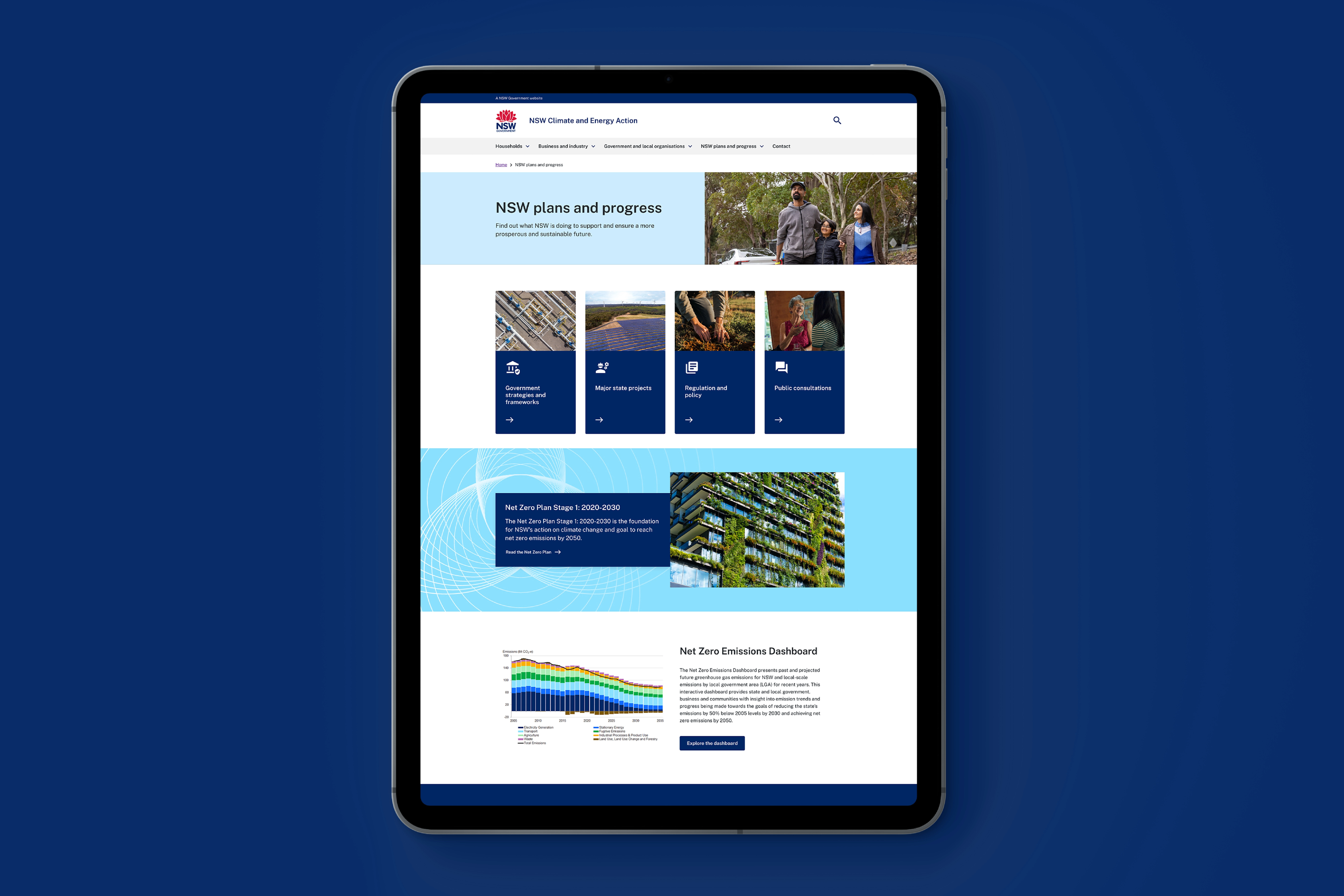 Tablet showing the NSW plans and progress page, highlighting clearer pathways to government strategies, major projects, regulation and emissions data.