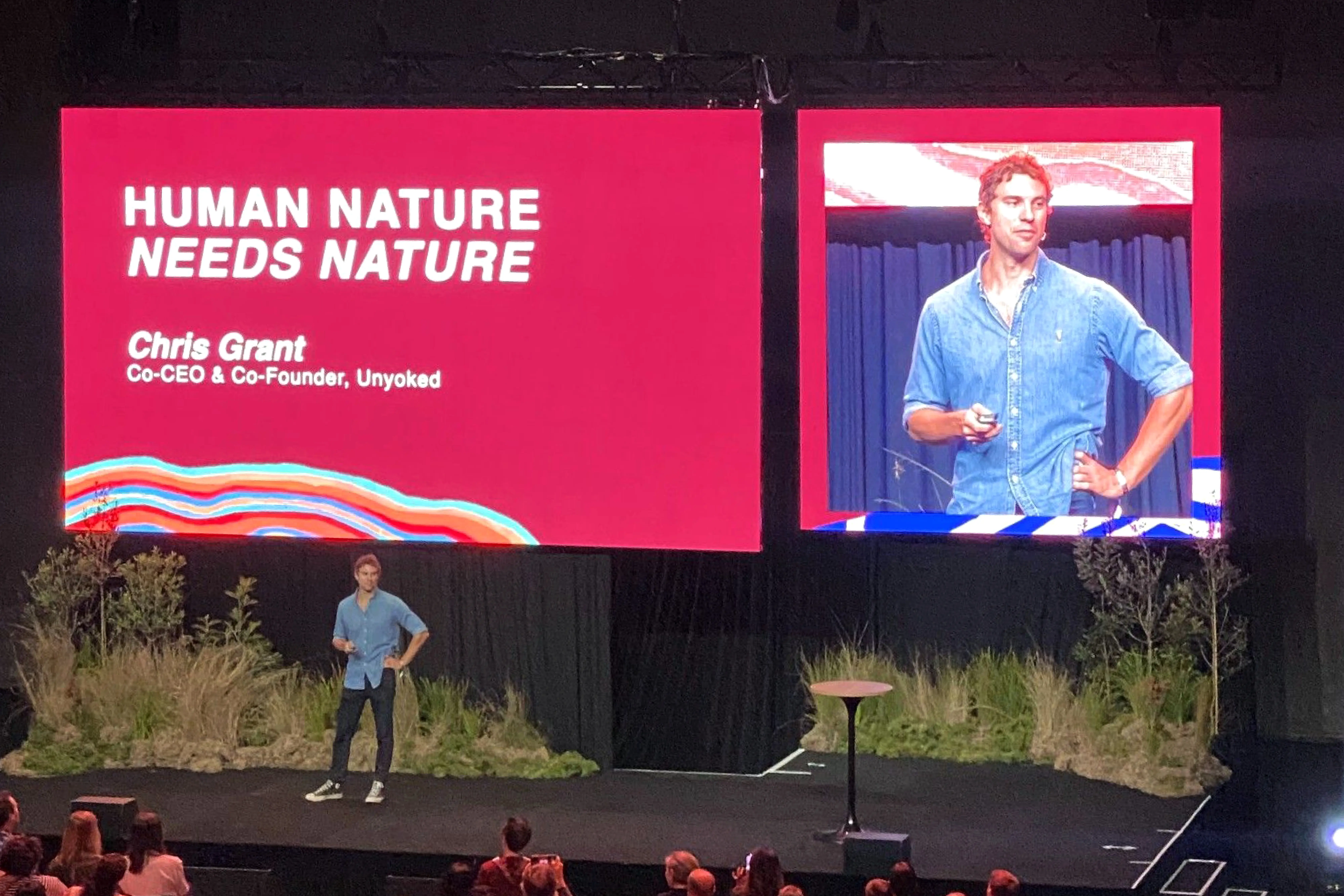 Chris Grant presenting his ‘Human Nature Needs Nature’ keynote at Purpose Conference 2023, highlighting the connection between wellbeing and the natural world.
