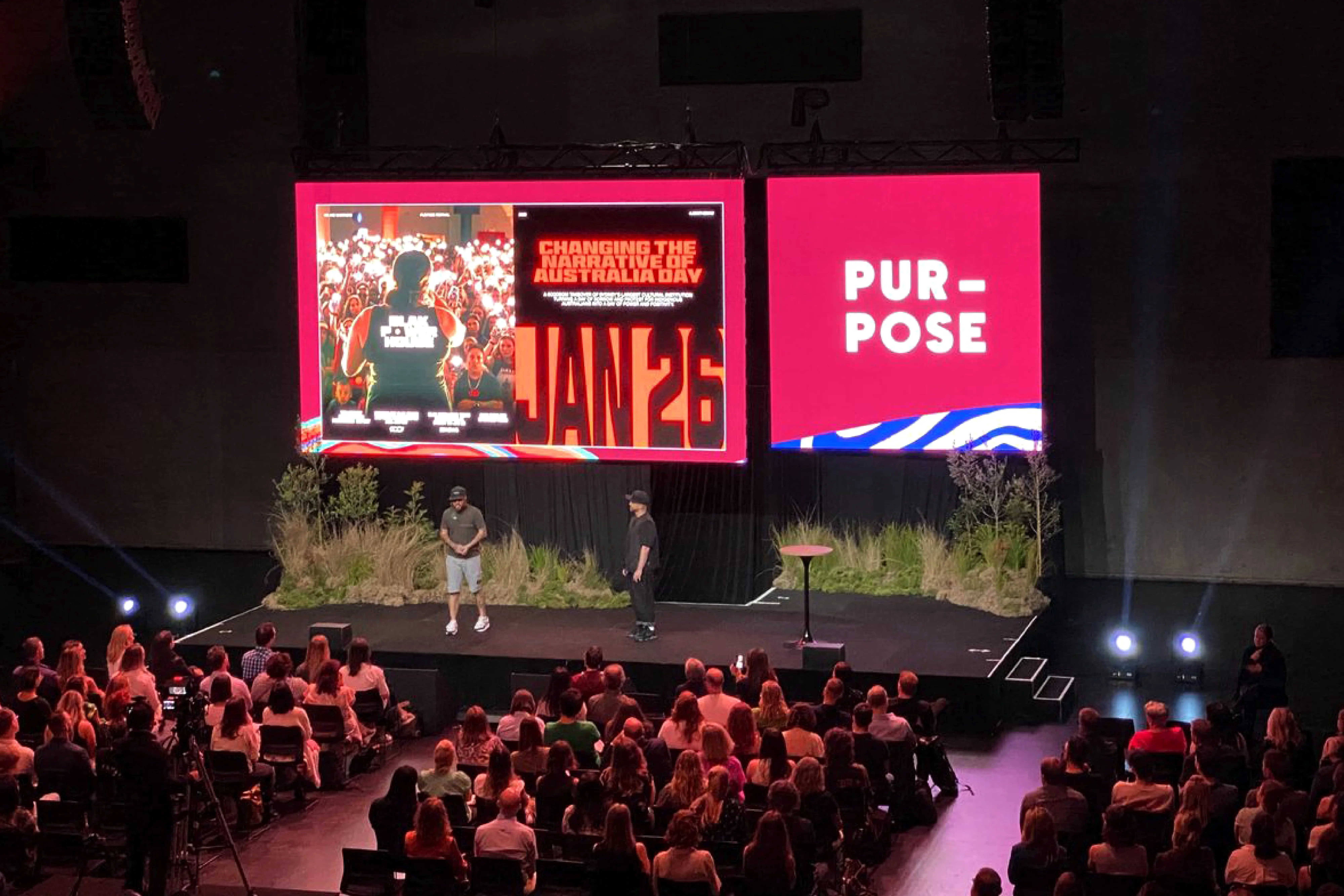 Speakers discussing ‘Changing the Narrative of Australia Day’ at Purpose Conference 2023, exploring cultural impact and social change.