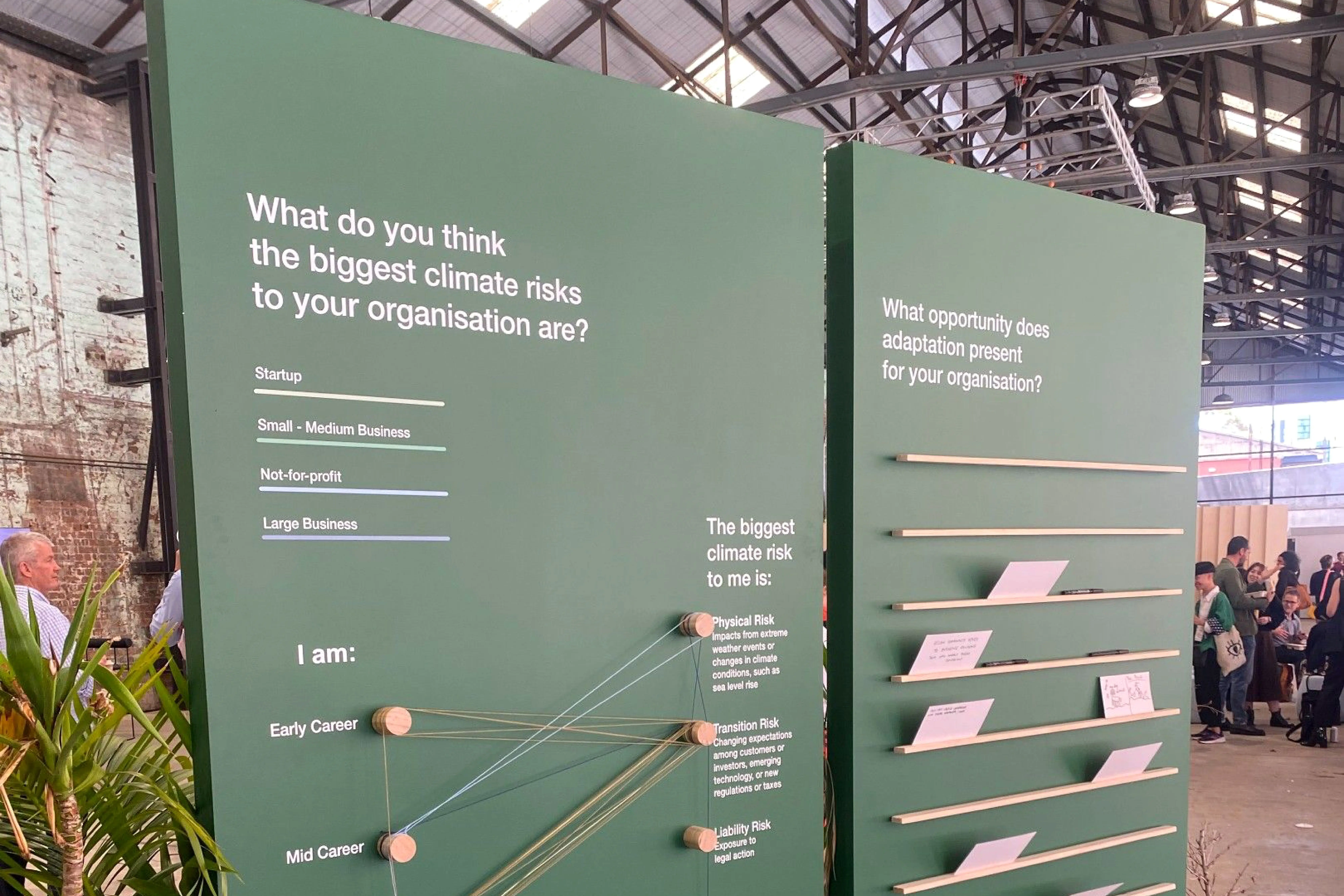 Interactive wall at Purpose Conference 2023 inviting attendees to identify climate risks and adaptation opportunities for their organisations.