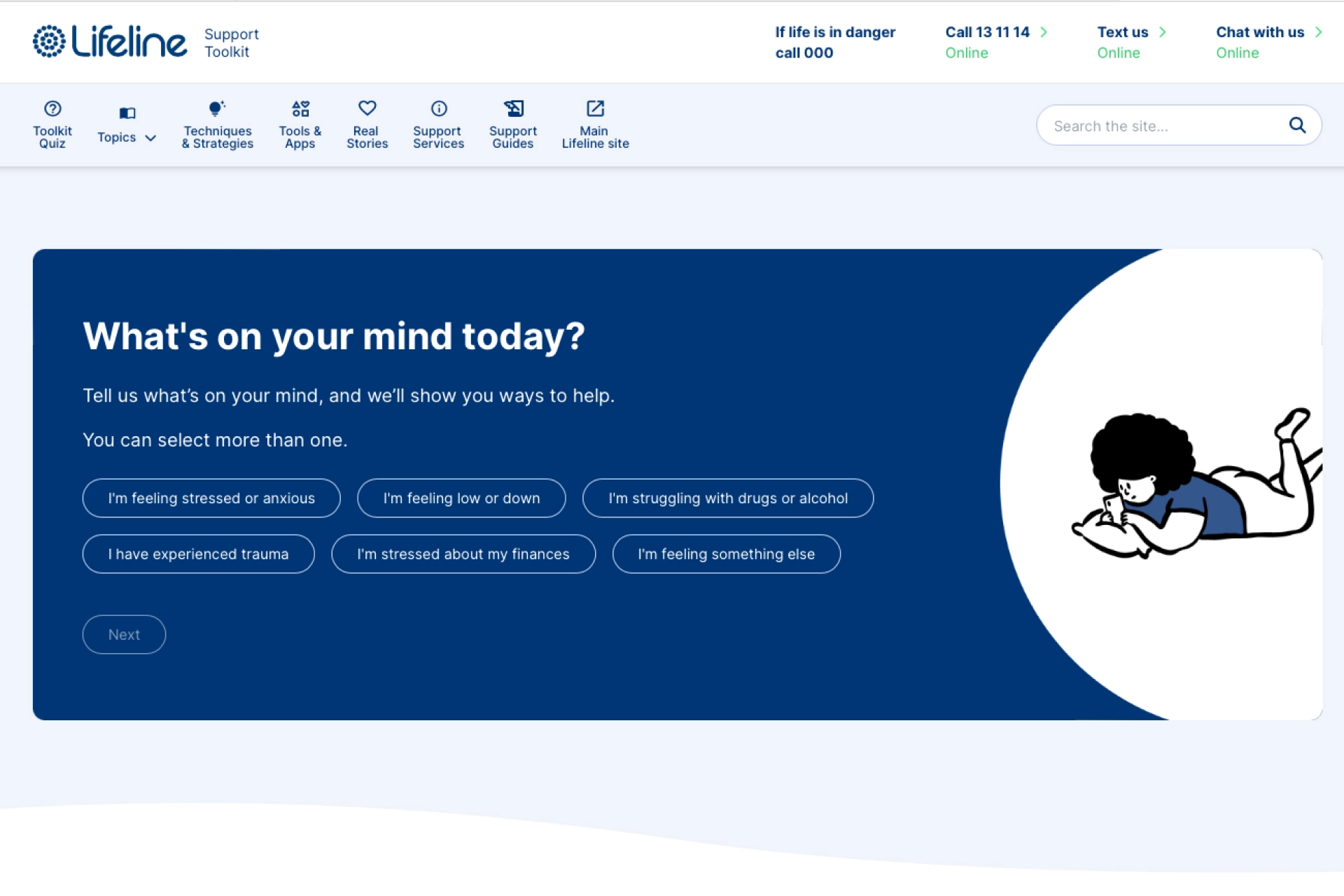 A preview of the Lifeline Support Toolkit webpage, showing the guided pathways designed to help people identify their mental health needs and access support.