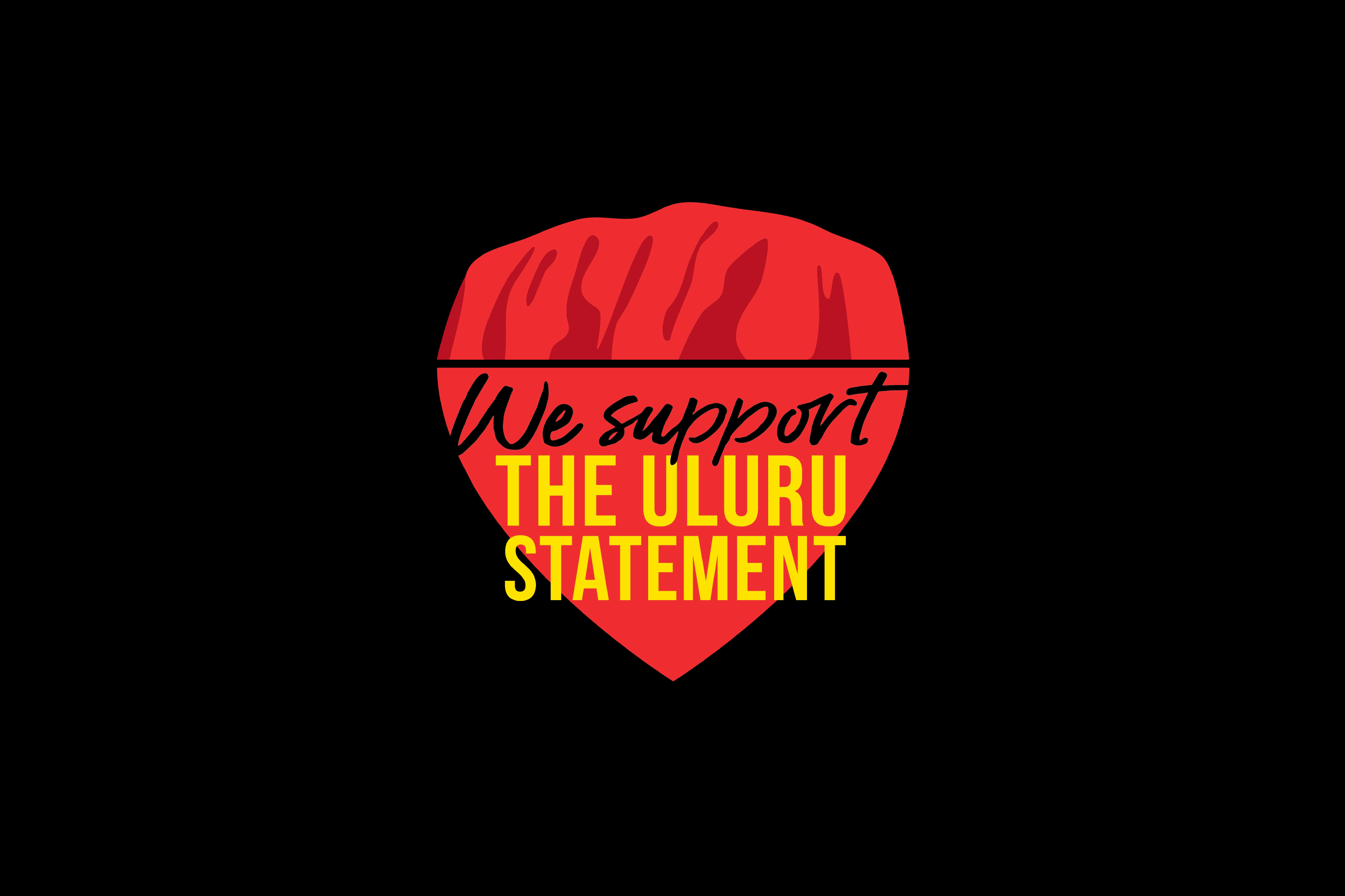 Graphic of a red, yellow, and orange heart-shaped motif with the words “We support the Uluru Statement,” symbolising support for the Uluru Statement from the Heart.