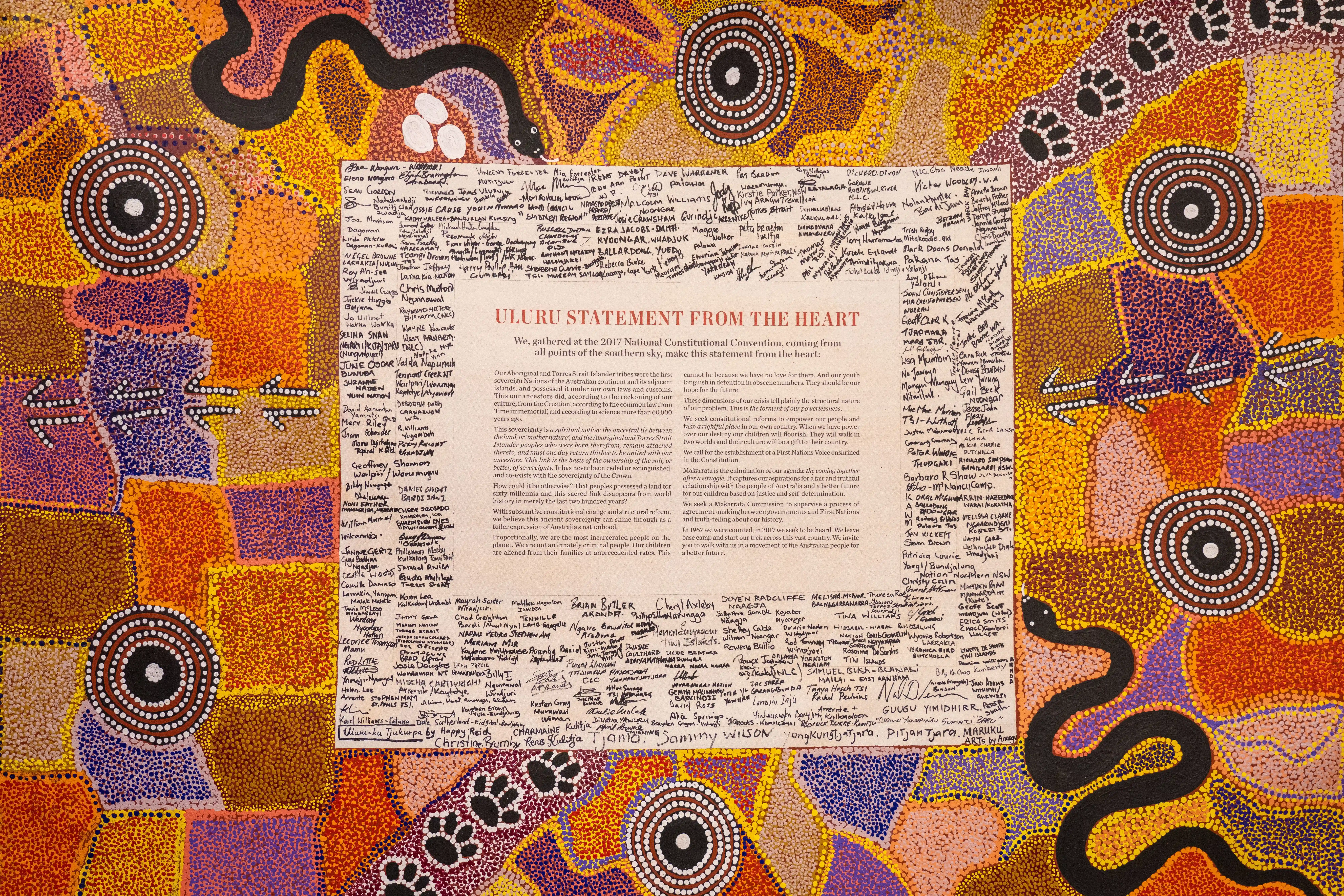 The Uluru Statement from the Heart surrounded by vibrant Indigenous artwork featuring symbolic patterns and motifs representing Country and culture.