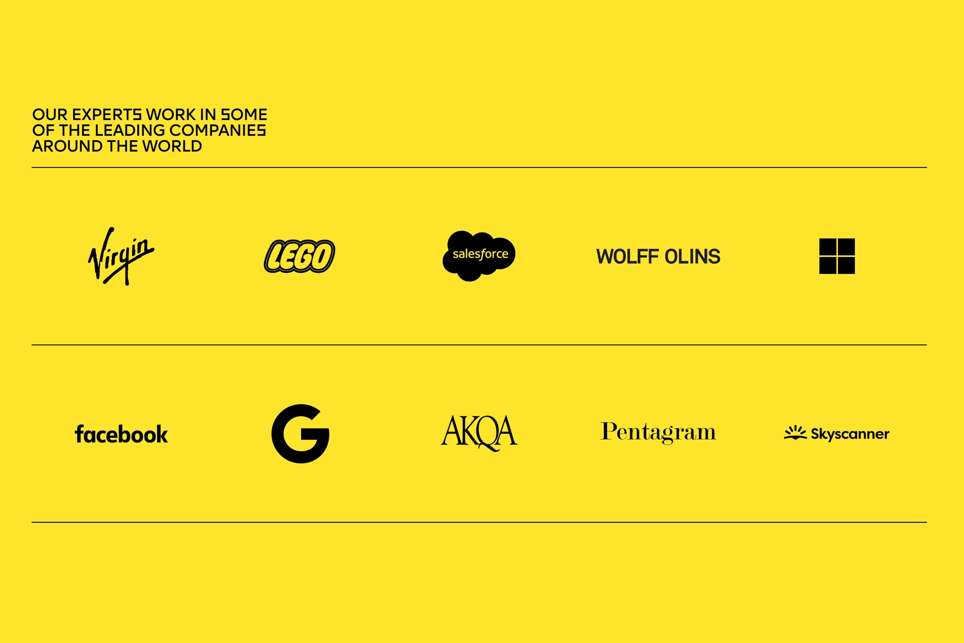 Logos of companies like Virgin, LEGO, Salesforce and Google, showing where Design Leaders speakers and mentors work globally.