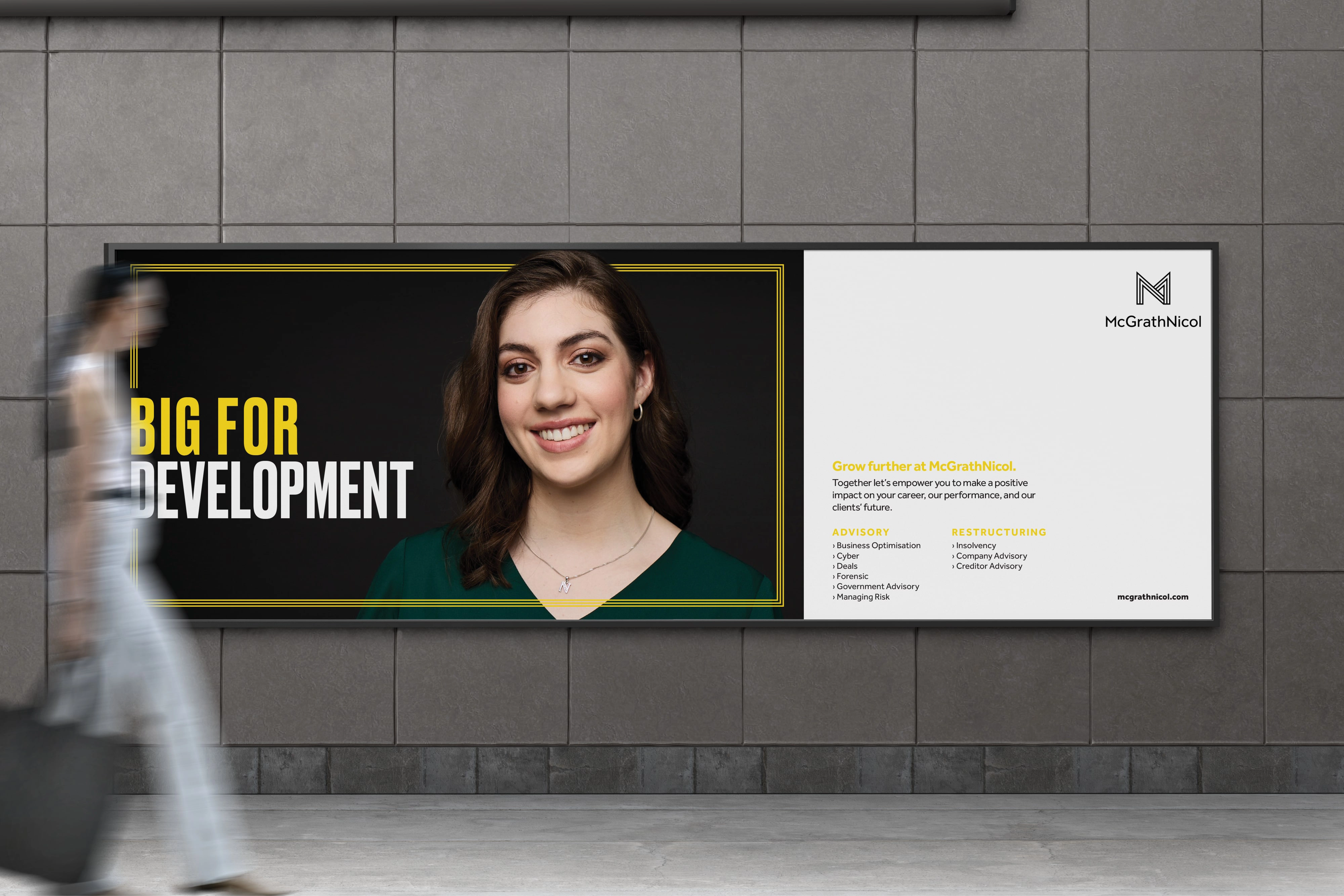 McGrathNicol billboard featuring a graduate portrait and the headline ‘Big for Development,’ promoting career growth opportunities across advisory and restructuring services.