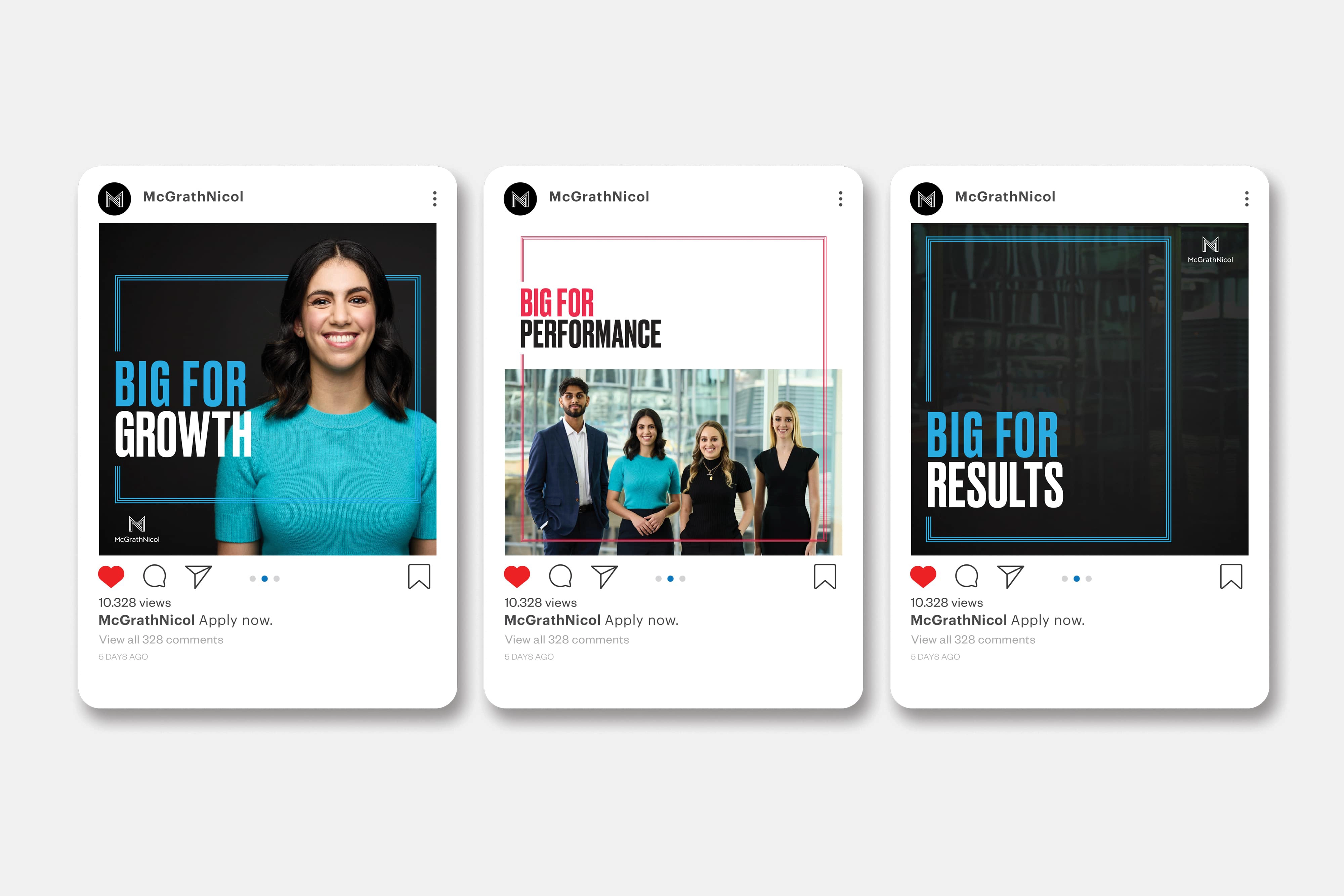 Set of three McGrathNicol Instagram-style recruitment ads showing graduate portraits and headlines: ‘Big For Growth,’ ‘Big For Performance,’ and ‘Big For Results.’