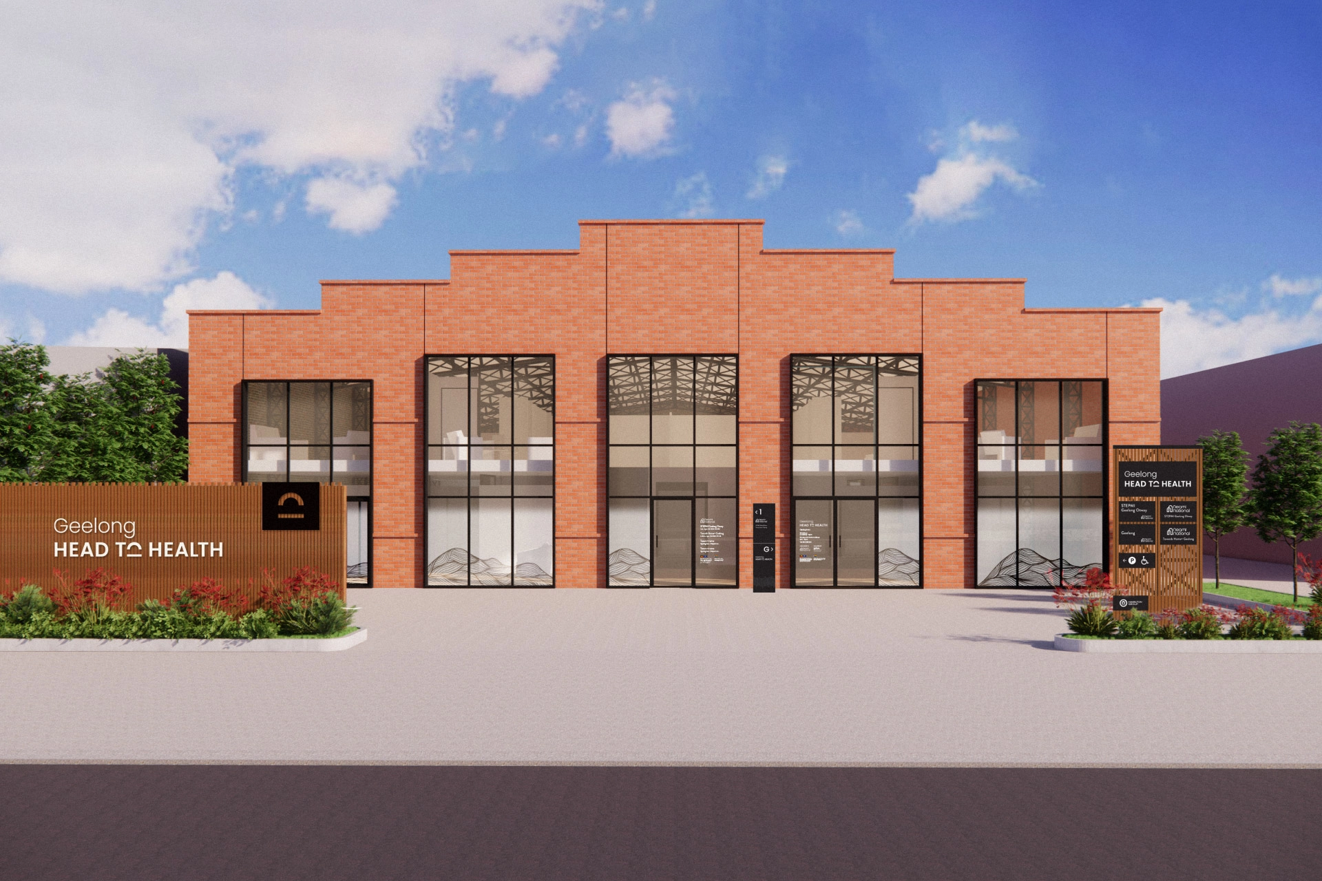 Architectural rendering of the new Geelong Head to Health centre, showing a modern brick façade with signage and landscaping.