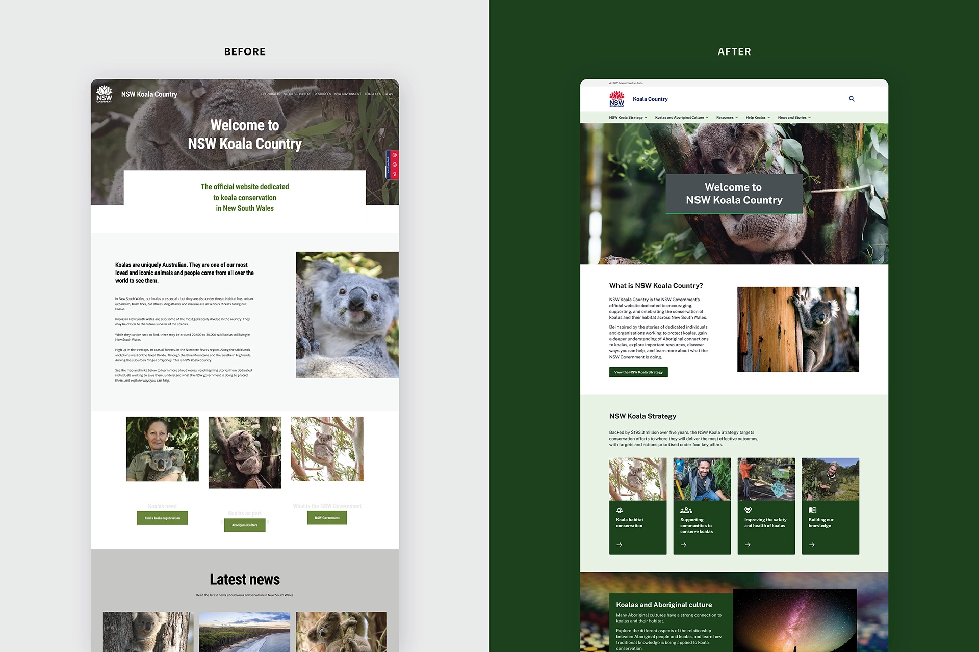 Side-by-side comparison of the old and new NSW Koala Country website, highlighting the redesigned homepage.