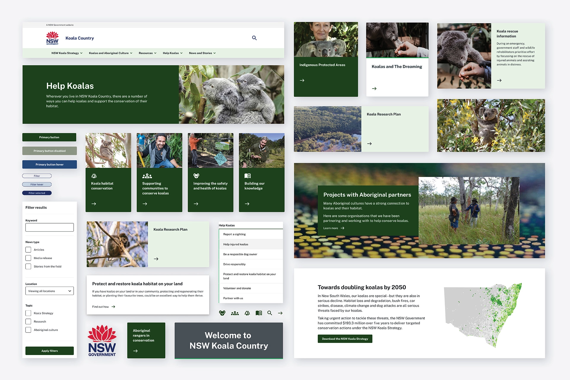 Collection of redesigned NSW Koala Country website components, including cards, filters, navigation menus and imagery, illustrating the new design system and content structure.