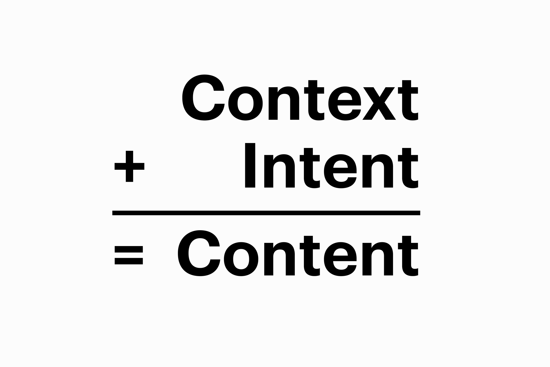 Text graphic showing the equation ‘Context + Intent = Content,’ illustrating Folk’s core idea that purposeful, contextual thinking drives effective content.
