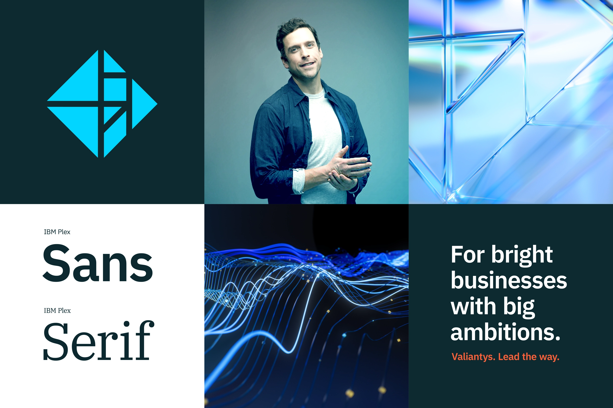 Brand collage showing the Valiantys logo, a portrait of a man, blue abstract imagery, IBM Plex typography, and the tagline ‘For bright businesses with big ambitions.’