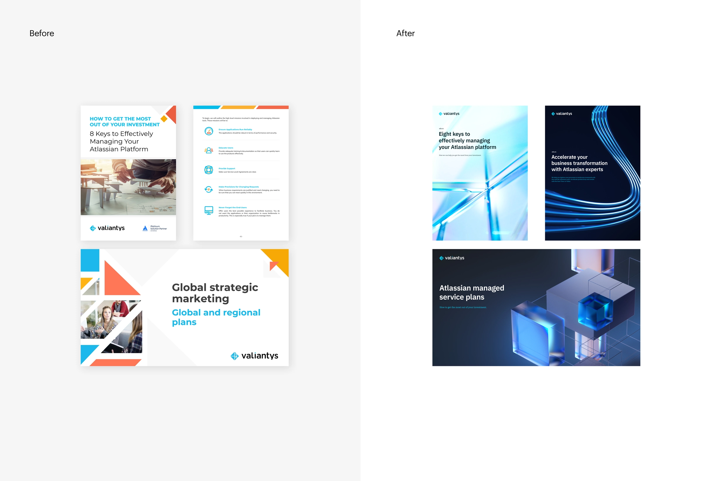 Comparison of old Valiantys marketing designs on the left and new blue, glass-effect branded designs on the right.