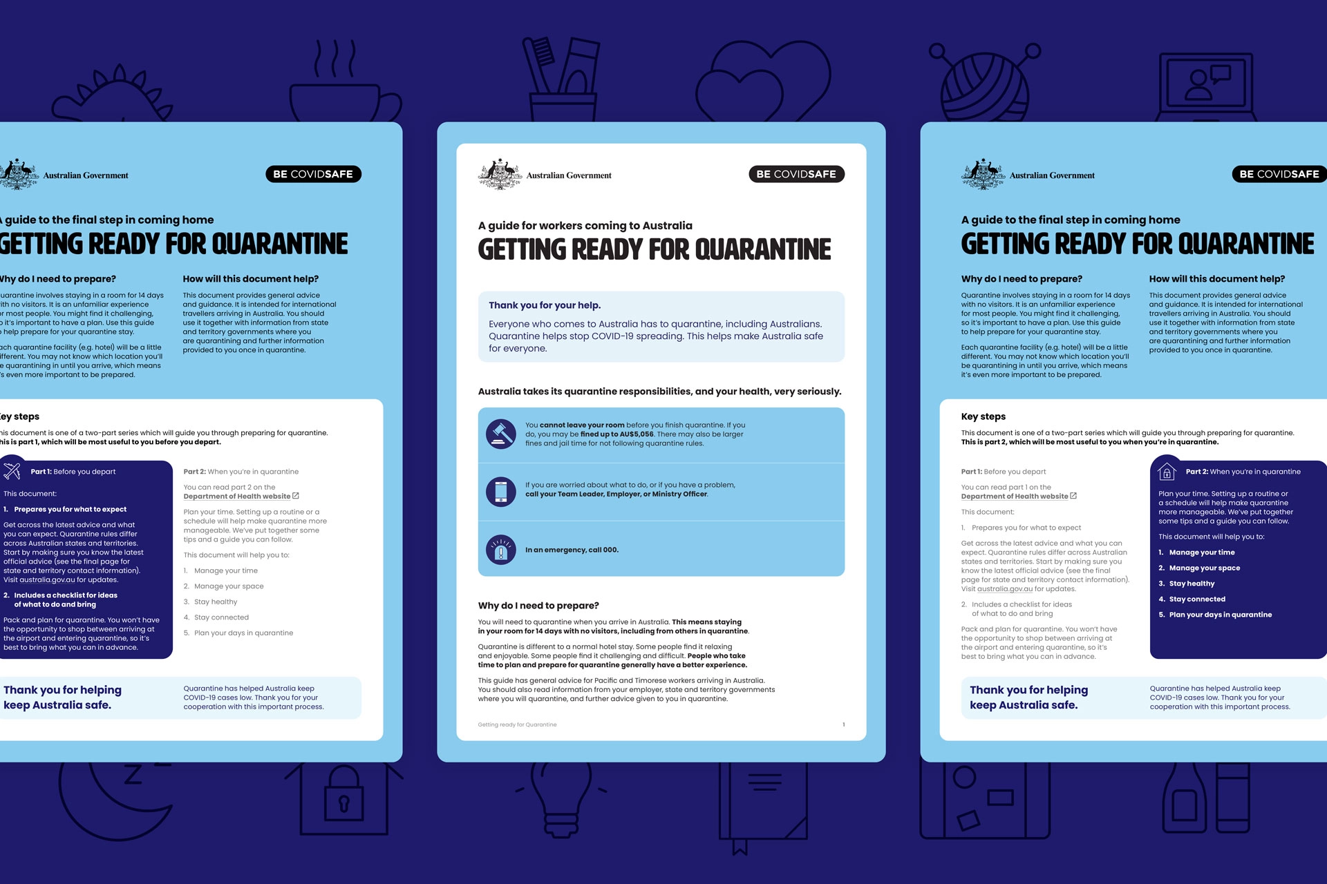 Three versions of the Australian Government ‘Getting Ready for Quarantine’ guide displayed side-by-side.