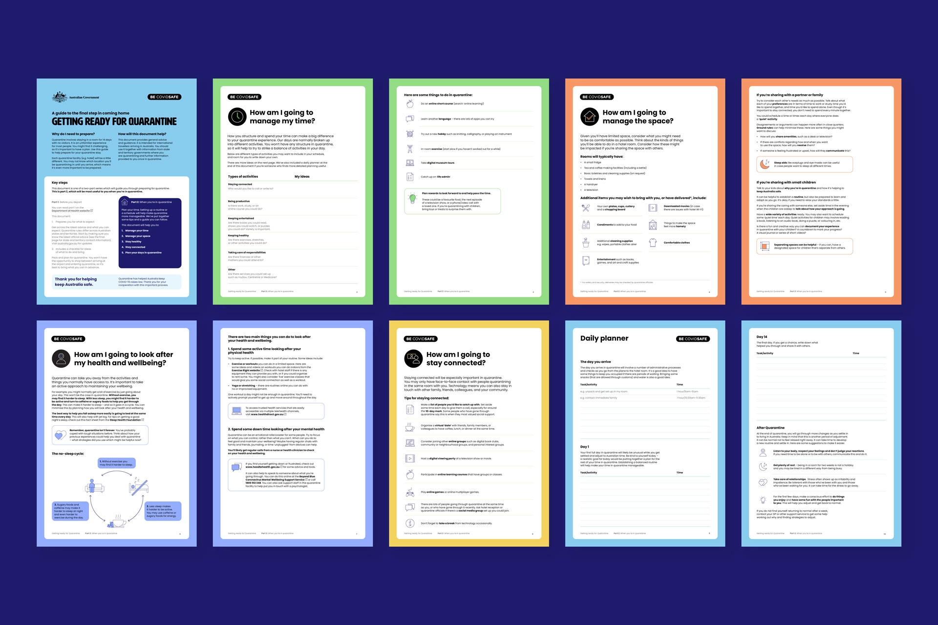 Collection of quarantine support worksheets showing different templates for planning time, space, health, and connection.
