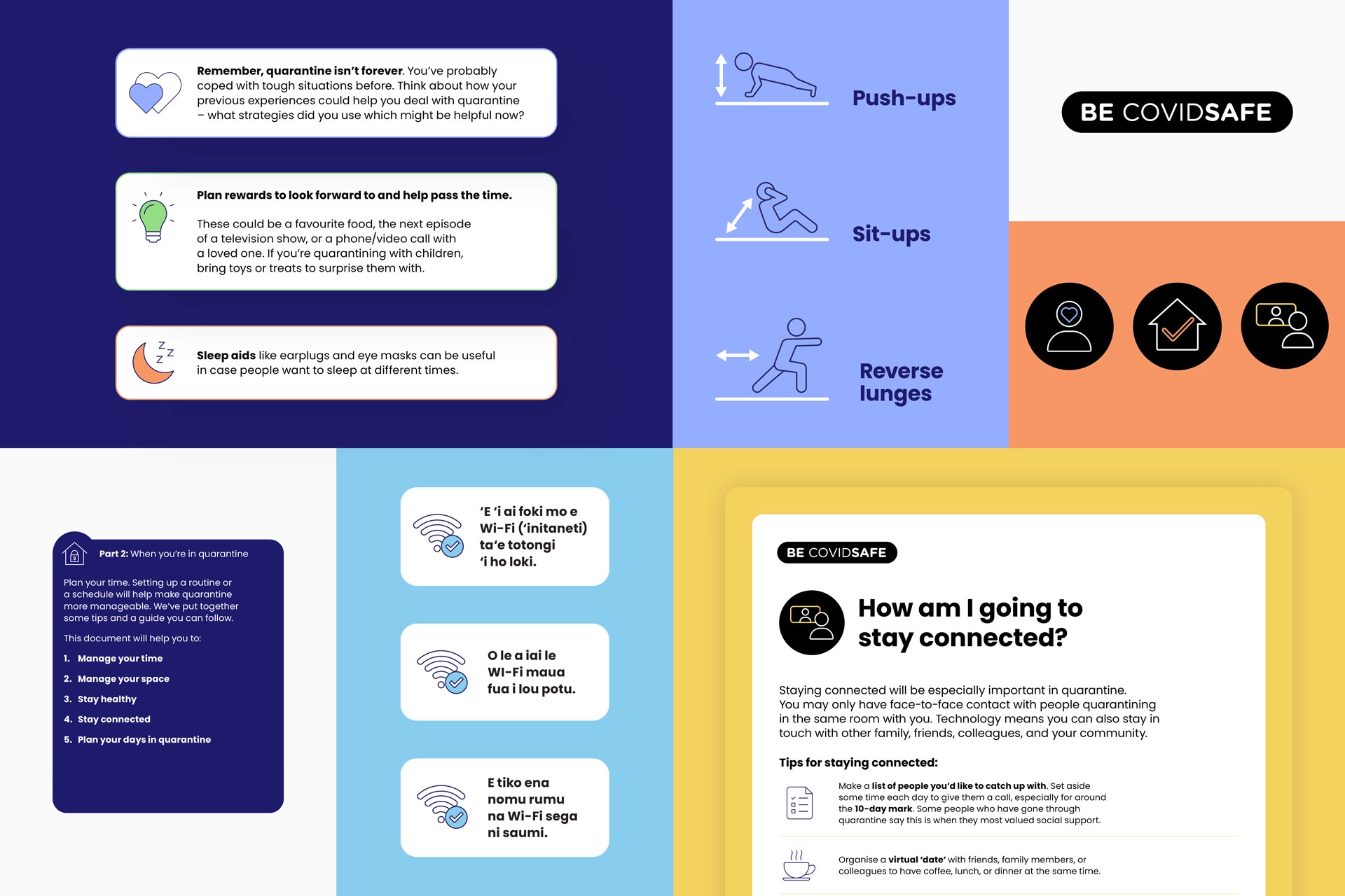 Set of illustrated quarantine tips including reminders, exercise diagrams, connection icons, and BE COVIDSAFE graphics.
